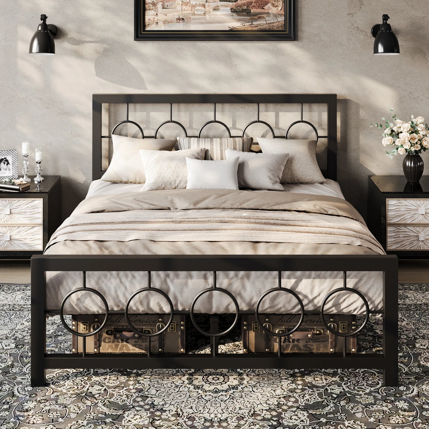 HOOMIC Vintage Circular Headboard Metal Platform Bed Frame