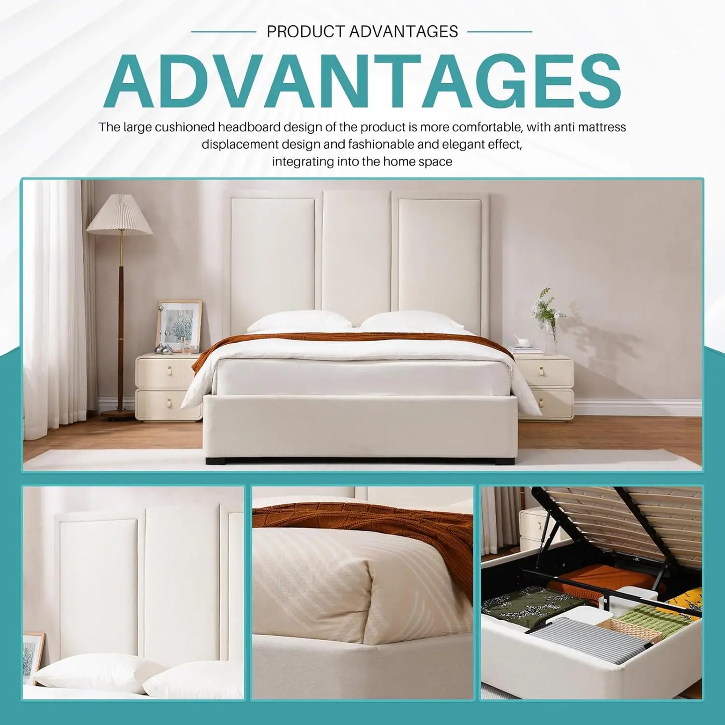 Queen Linen Upholstered Platform Bed With Storage Drawers