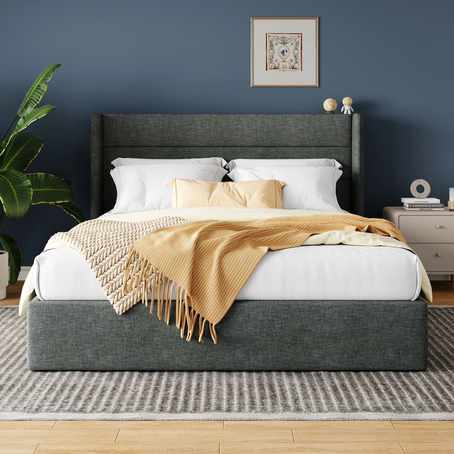 Allewie Lift Up Storage Bed With Wingback Headboard And Hydraulic System