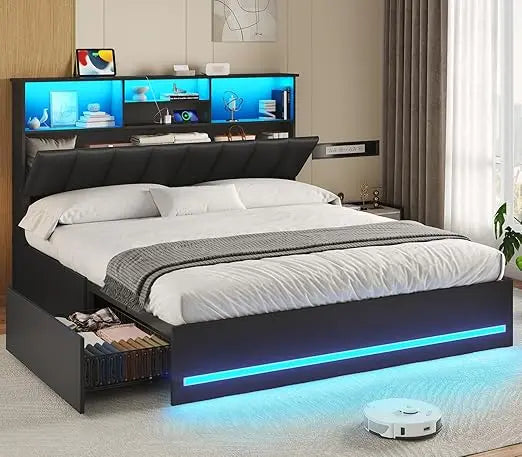 Bed Frame With Bookcase Headboard LED Lights And Charging Station