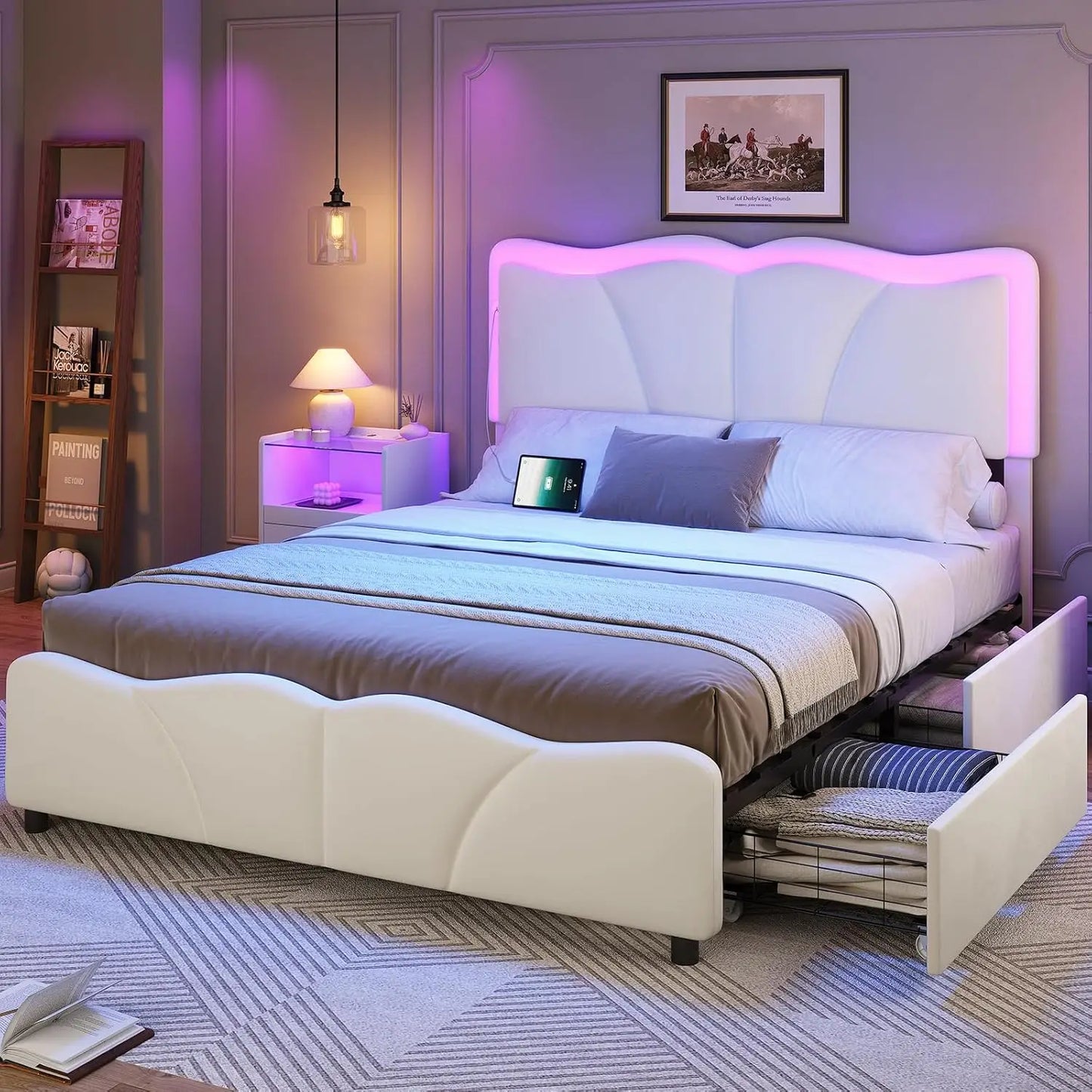 Velvet Platform Bed Frame With Adjustable Headboard And LED Lights