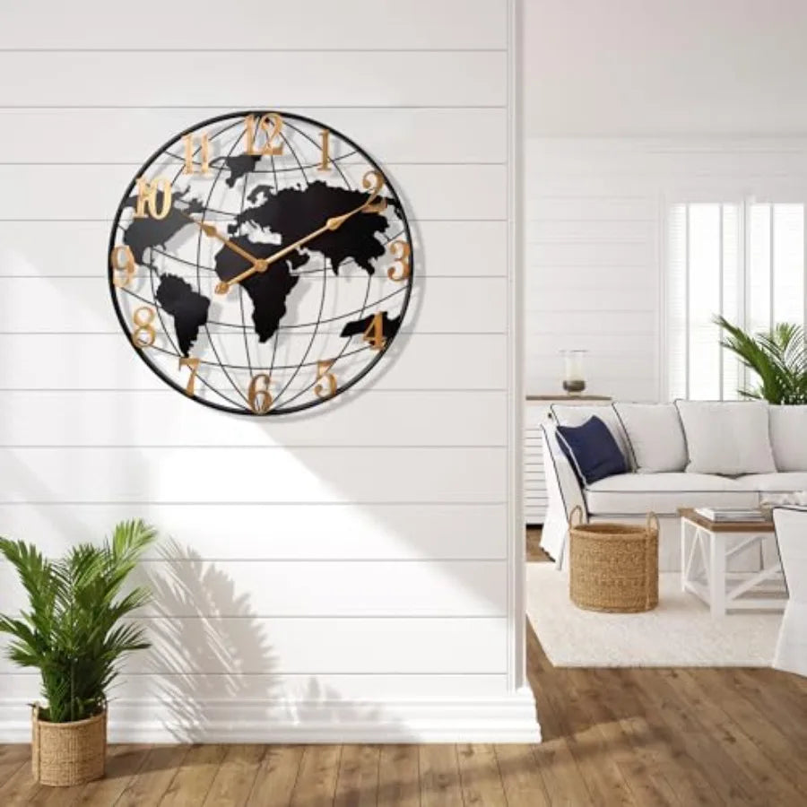 World Map Wall Clock Metal Minimalist Modern Design