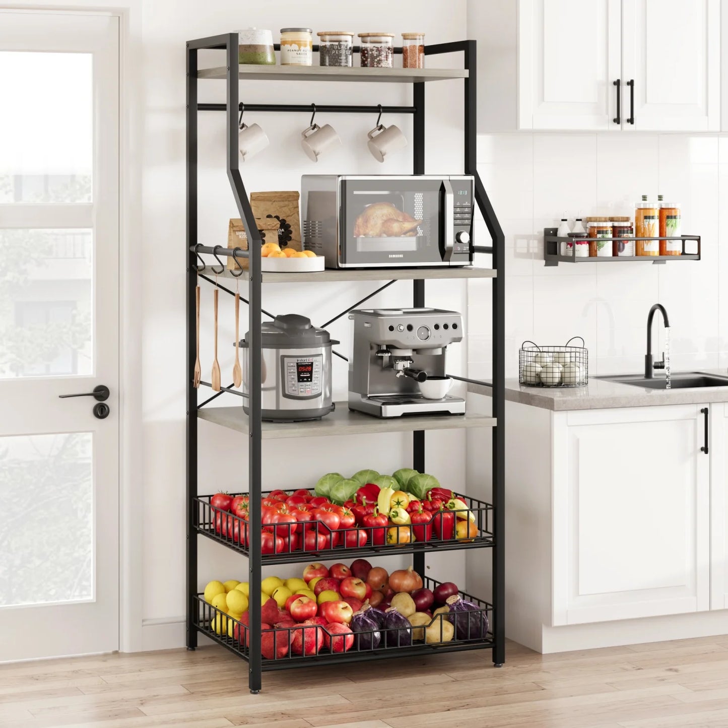 HiMISS Kitchen Bakers Rack Microwave Stand With Wire Baskets
