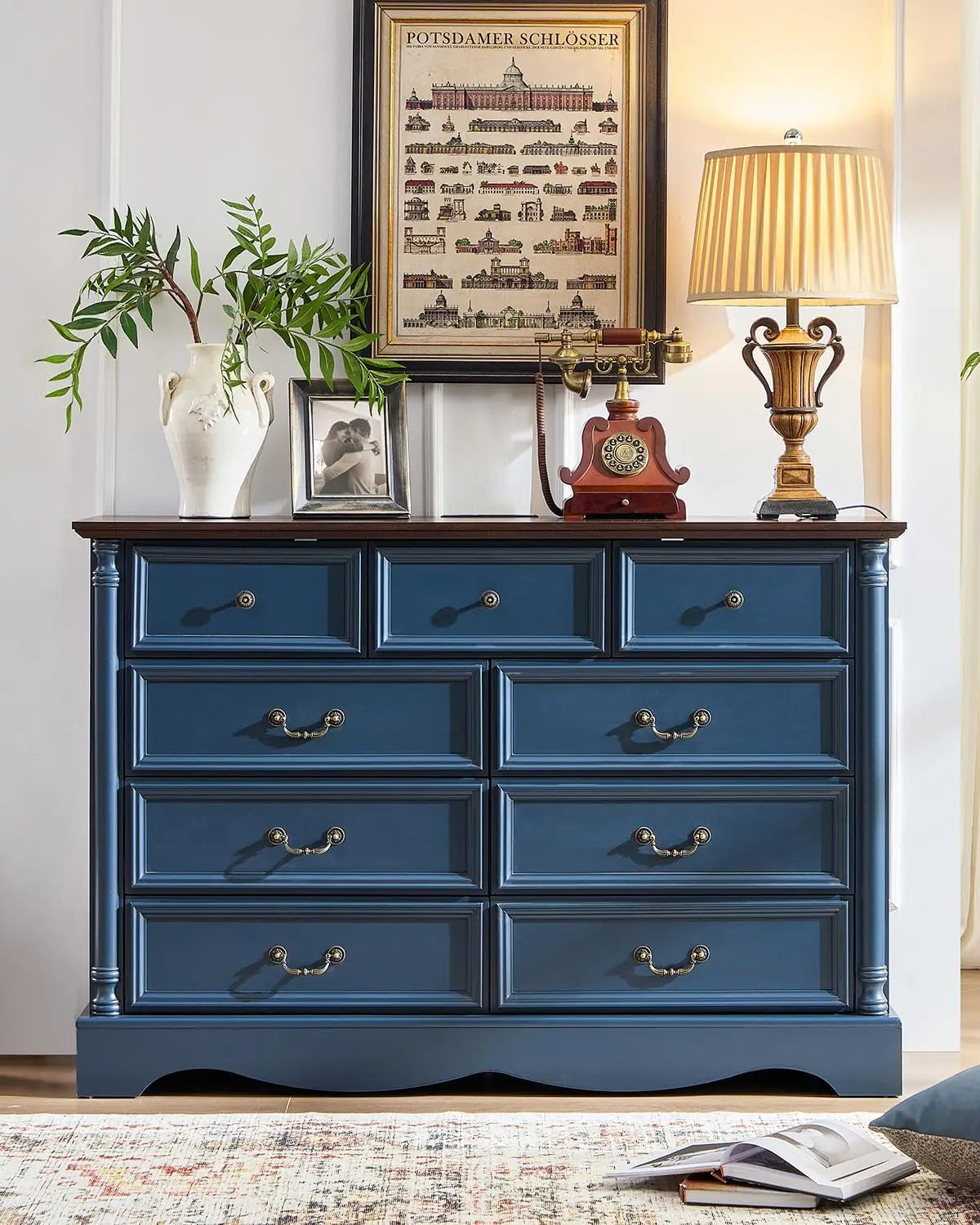 Farmhouse 9 Drawers Dresser for Bedroom with Charging Station, 54" Wide Wood Country Rustic Storage Dressers Organizer