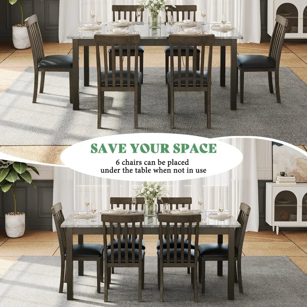 Farmhouse 7-Piece Dining Table Set With 6 PU Leather Chairs