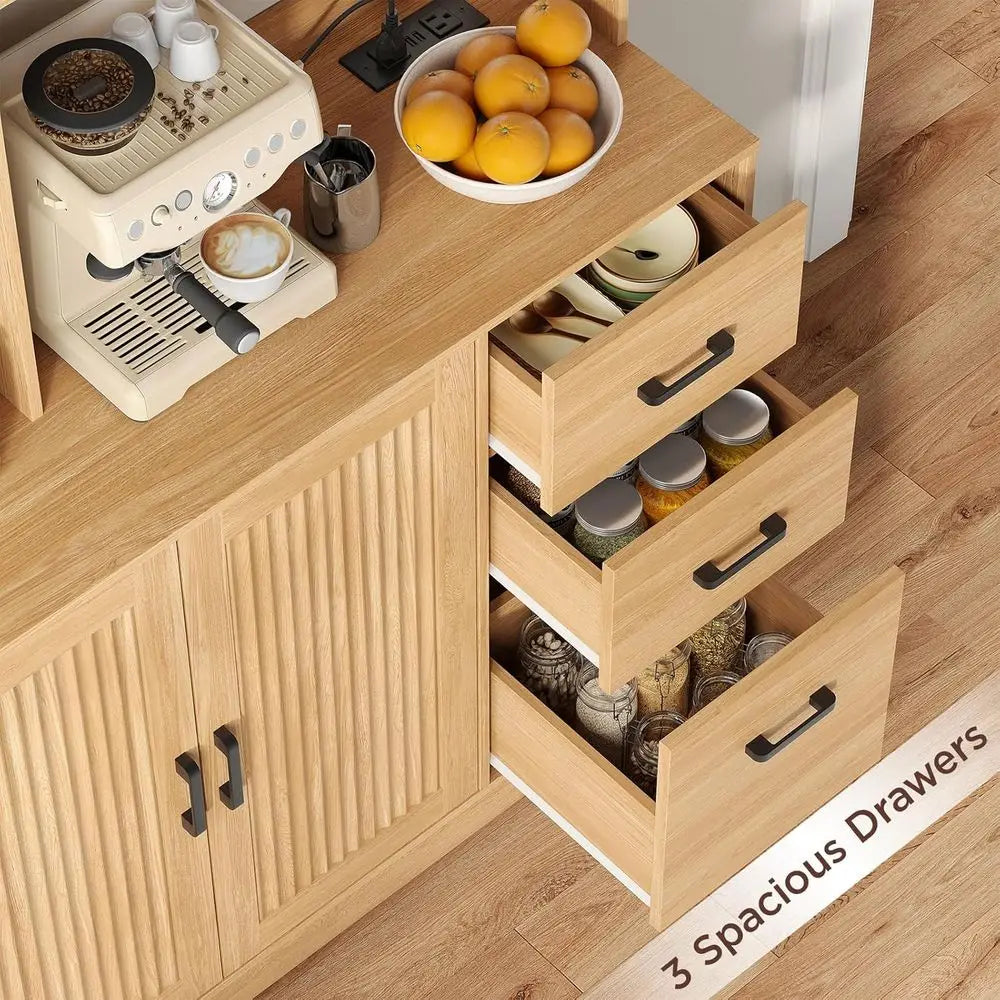 68 Tall Pantry Cabinet with Charging Station, 3 Drawers, 2 Cabinets, Open Shelves, Wood Hutch for Kitchen, Dining, or Living Roo