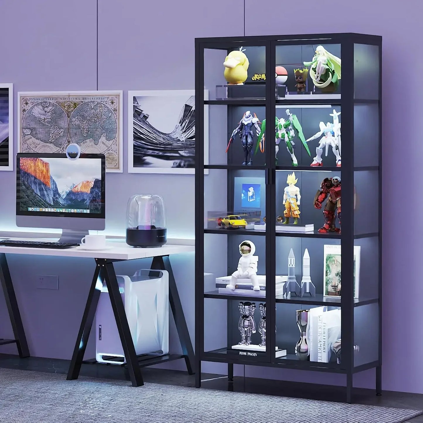 Glass Display Cabinet With LED Lights And Adjustable Shelves