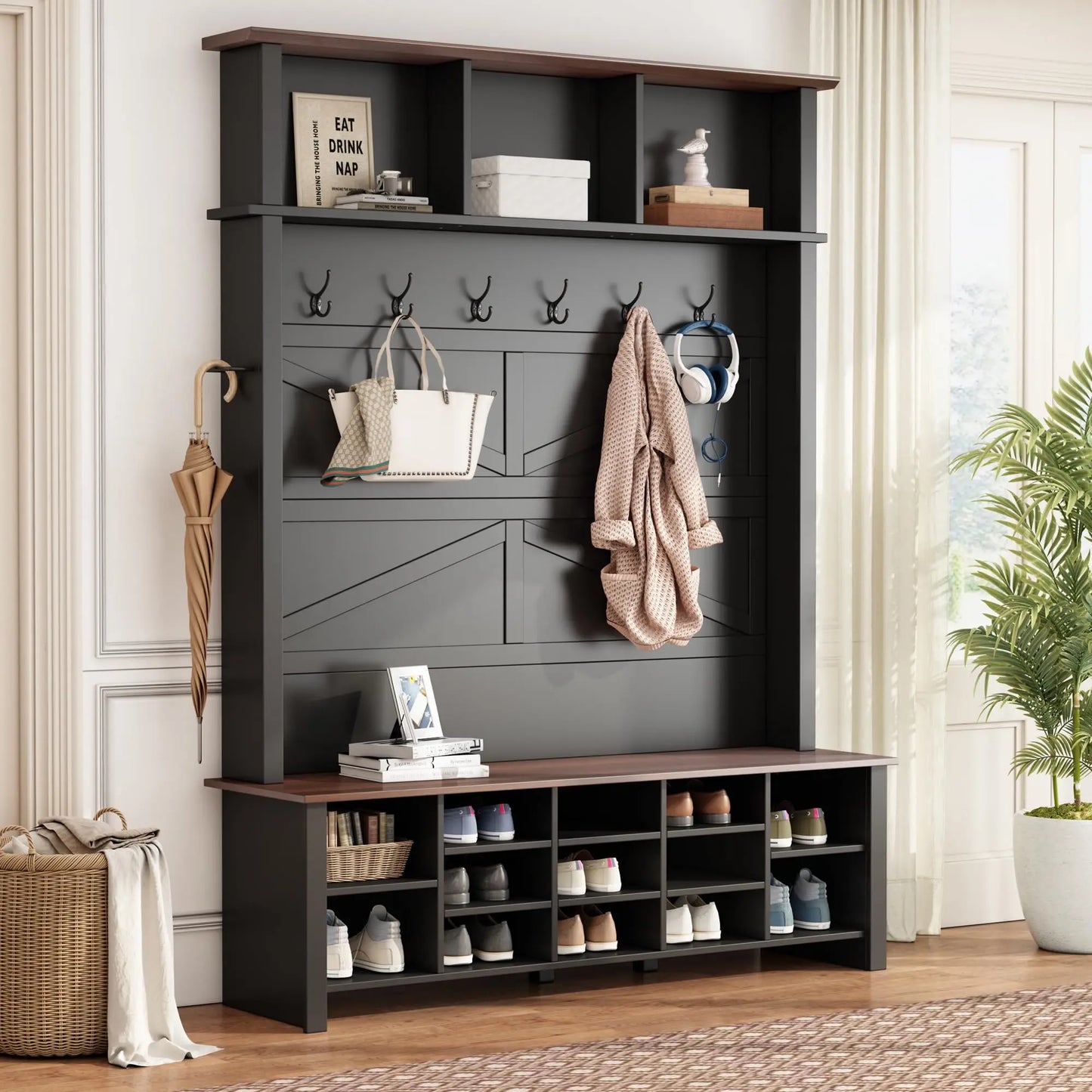 Farmhouse Style Hall Tree With 6 Hooks Entryway Bench Shoe Organizer With Open Compartments White