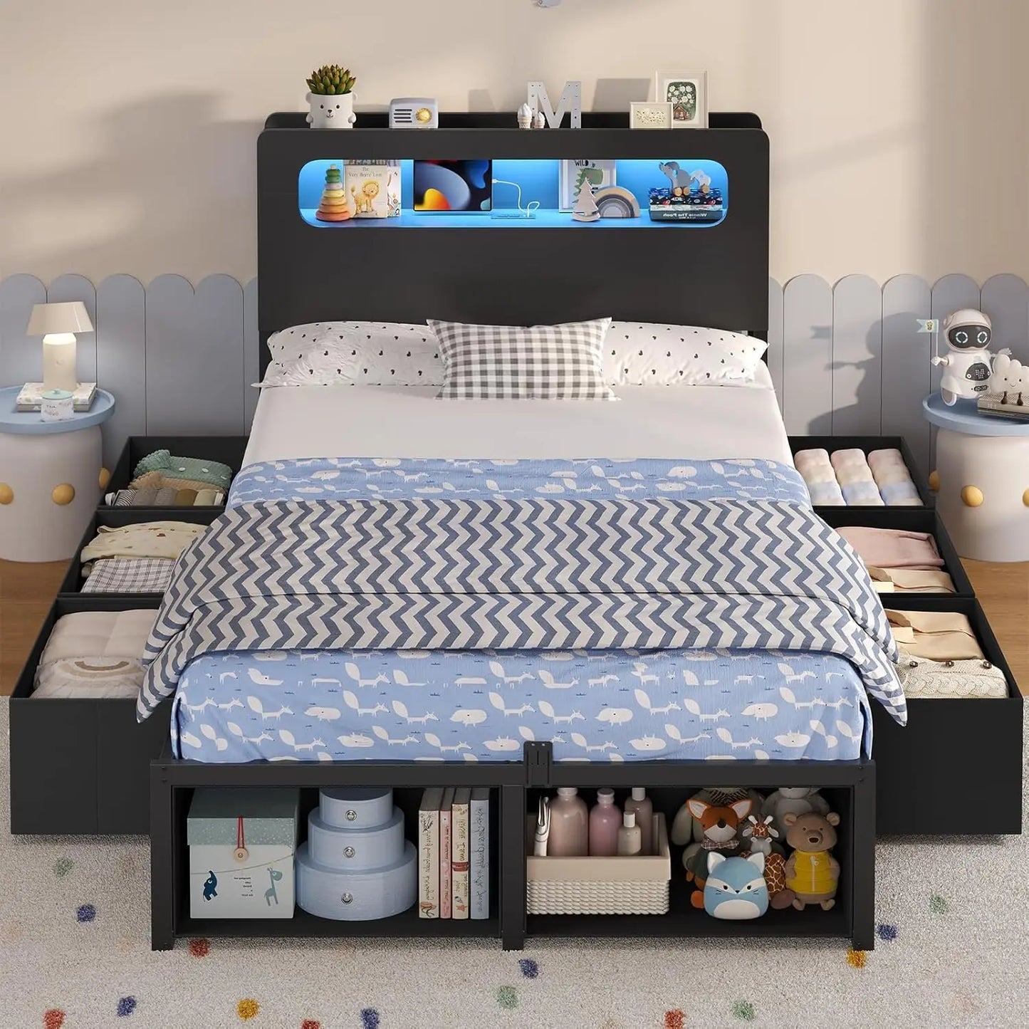 Twin Storage Bed Frame With 6 Drawers LED Headboard Outlets