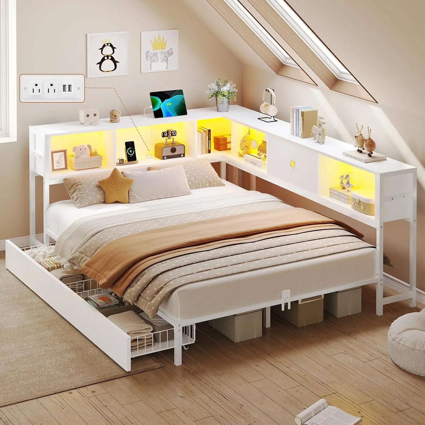 Corner Full Bed Frame With LED Bookcase And Charging Station Daybed