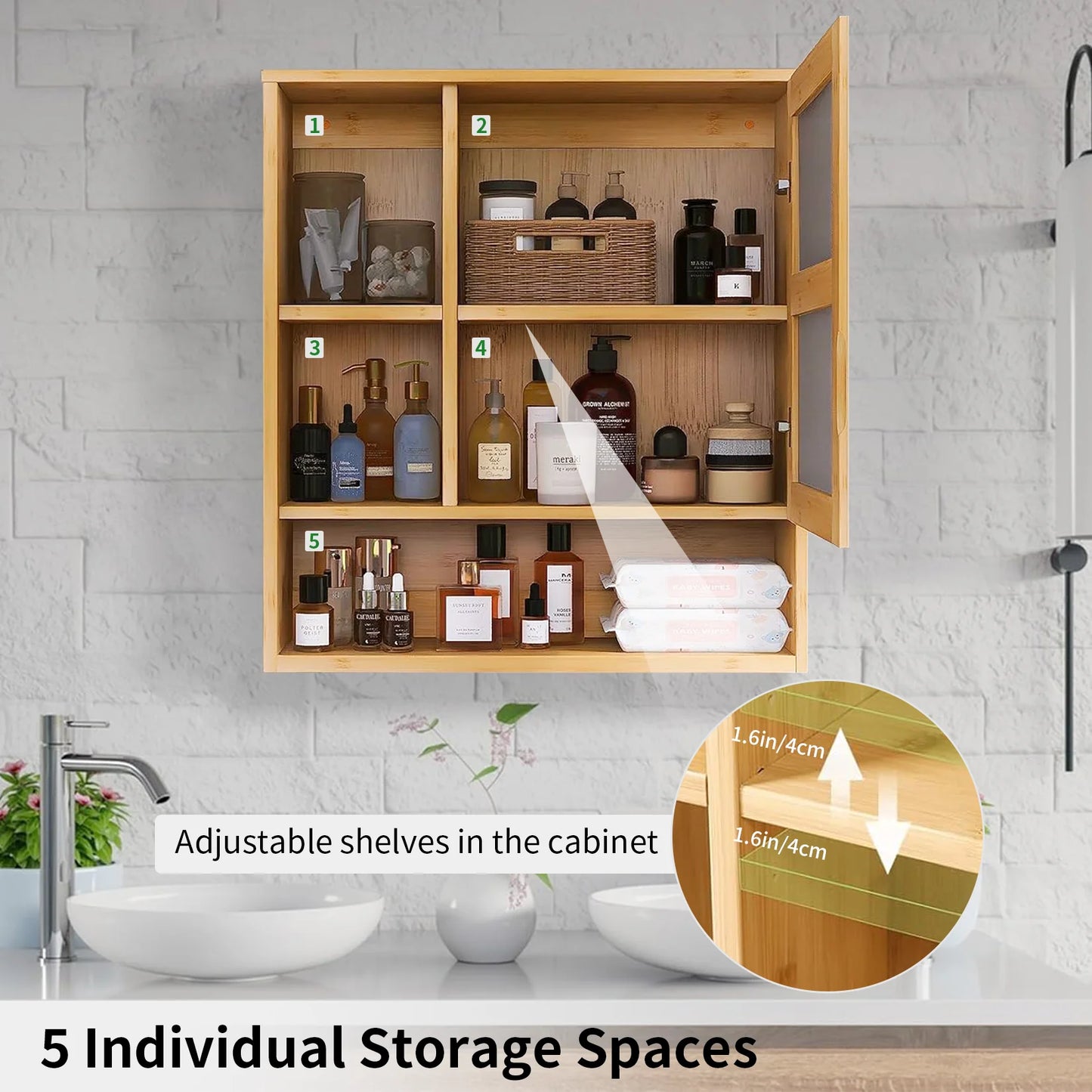 Natural Bamboo Wall Bathroom Medicine Cabinet With Five Shelf Storage