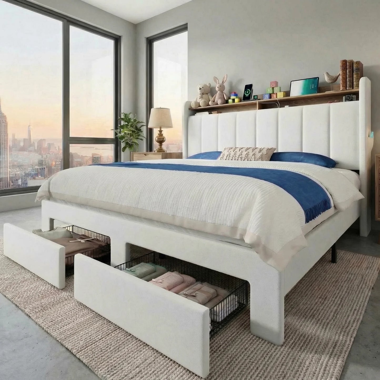 HOOMIC Bed Frame With LED Lights 2 Storage Drawers Shelves No Box Spring Needed