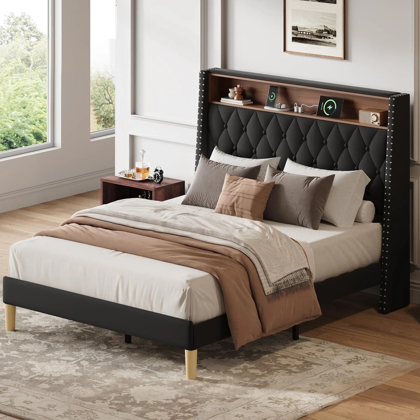 Upholstered Velvet Bed Frame With Wingback Headboard And Charging Station