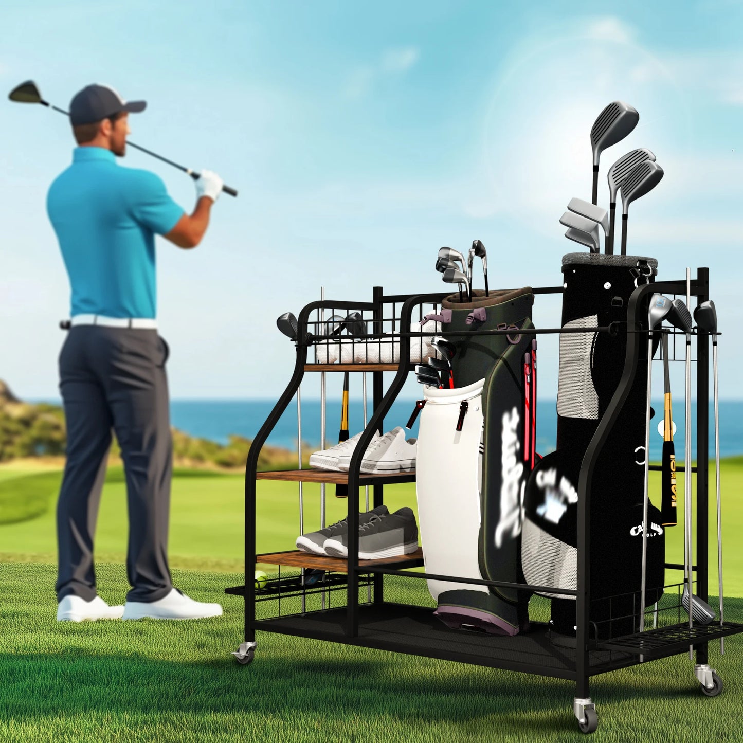 Three Tier Metal Rolling Golf Bags Storage Organizer Rack With Wheels
