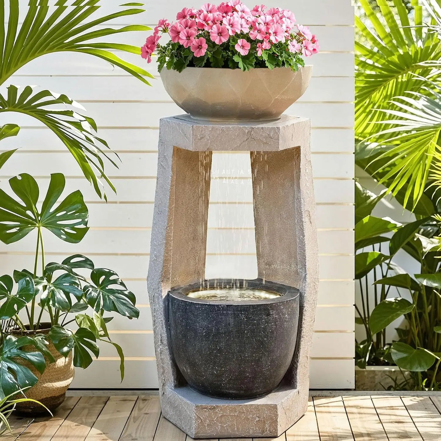 Outdoor Fountain Modern Geometric Two Bowls Water Feature LED Lights