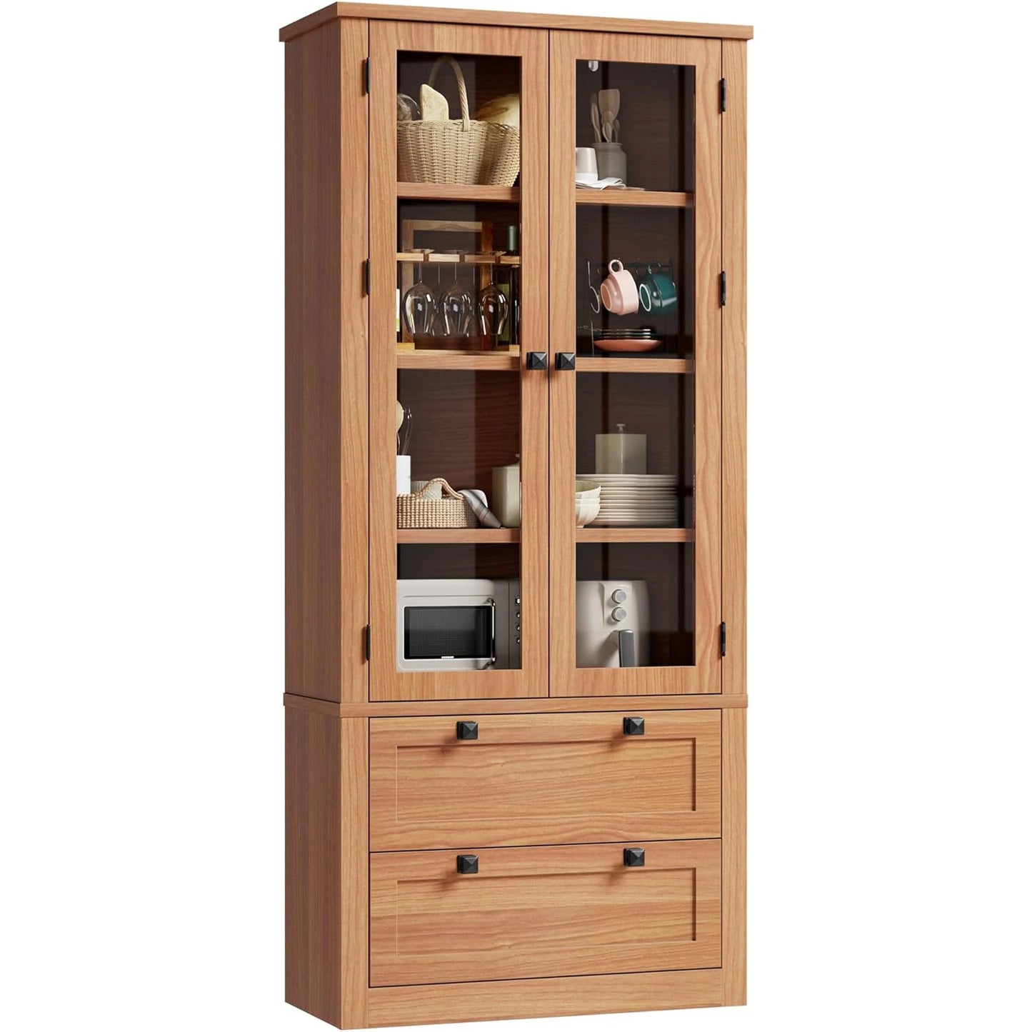 Modern Kitchen Pantry Cabinet with Glass Doors,72" Tall 2 Large Drawers,Adjustable Shelves,Durable MDF Storage Sideboard