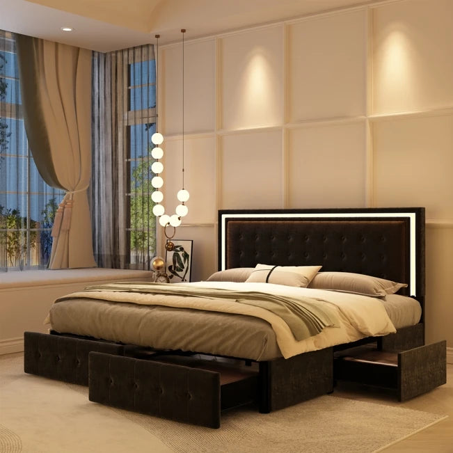 GEGOFORU LED Bed Frame With 4 Storage Drawers RGBW Headboard