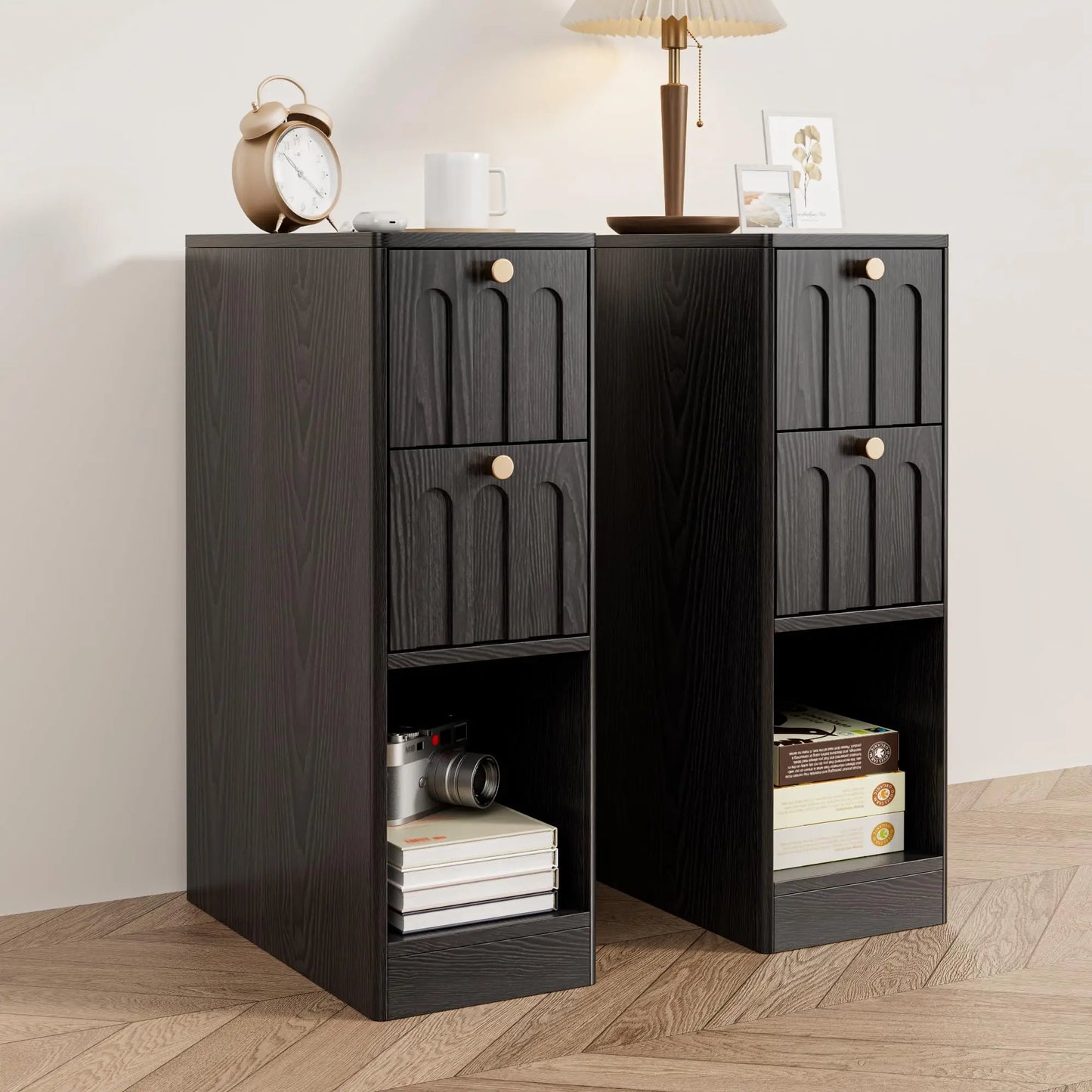 Jluomei Narrow Fluted Wooden Nightstand Two Drawer Bedside Table