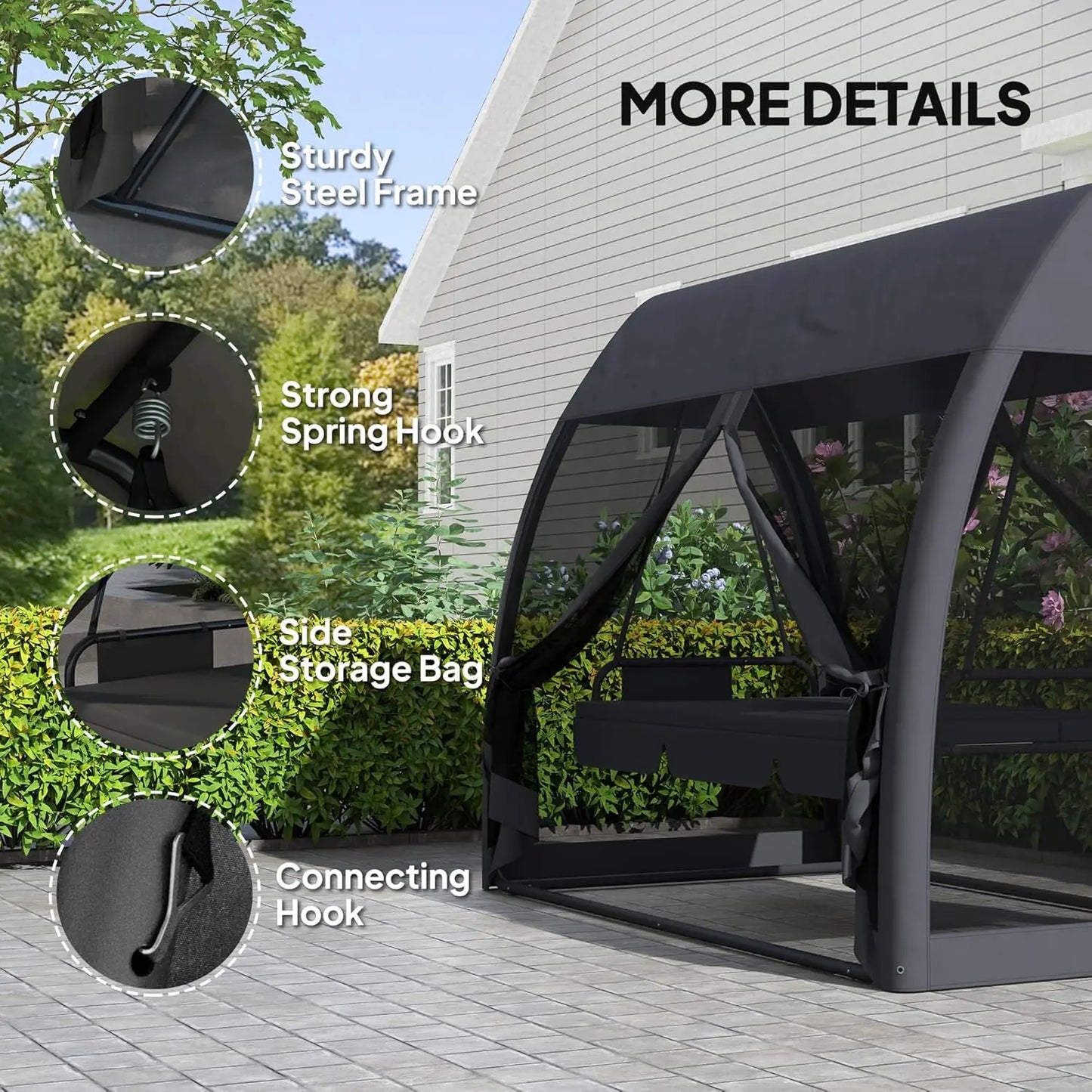 3 Seat Patio Swing Chair With Convertible Backrest And Canopy