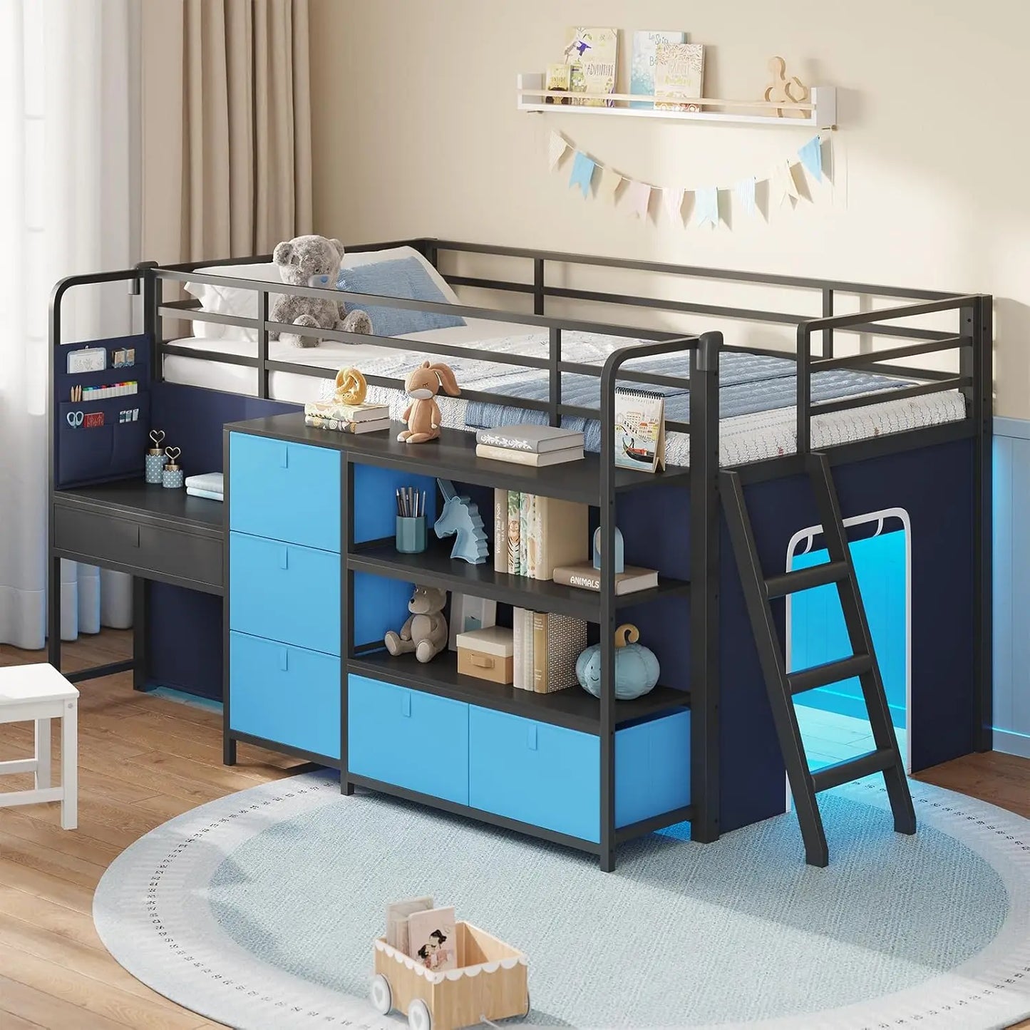 Kids Low Loft Bed With Desk Led Lights Storage Drawers