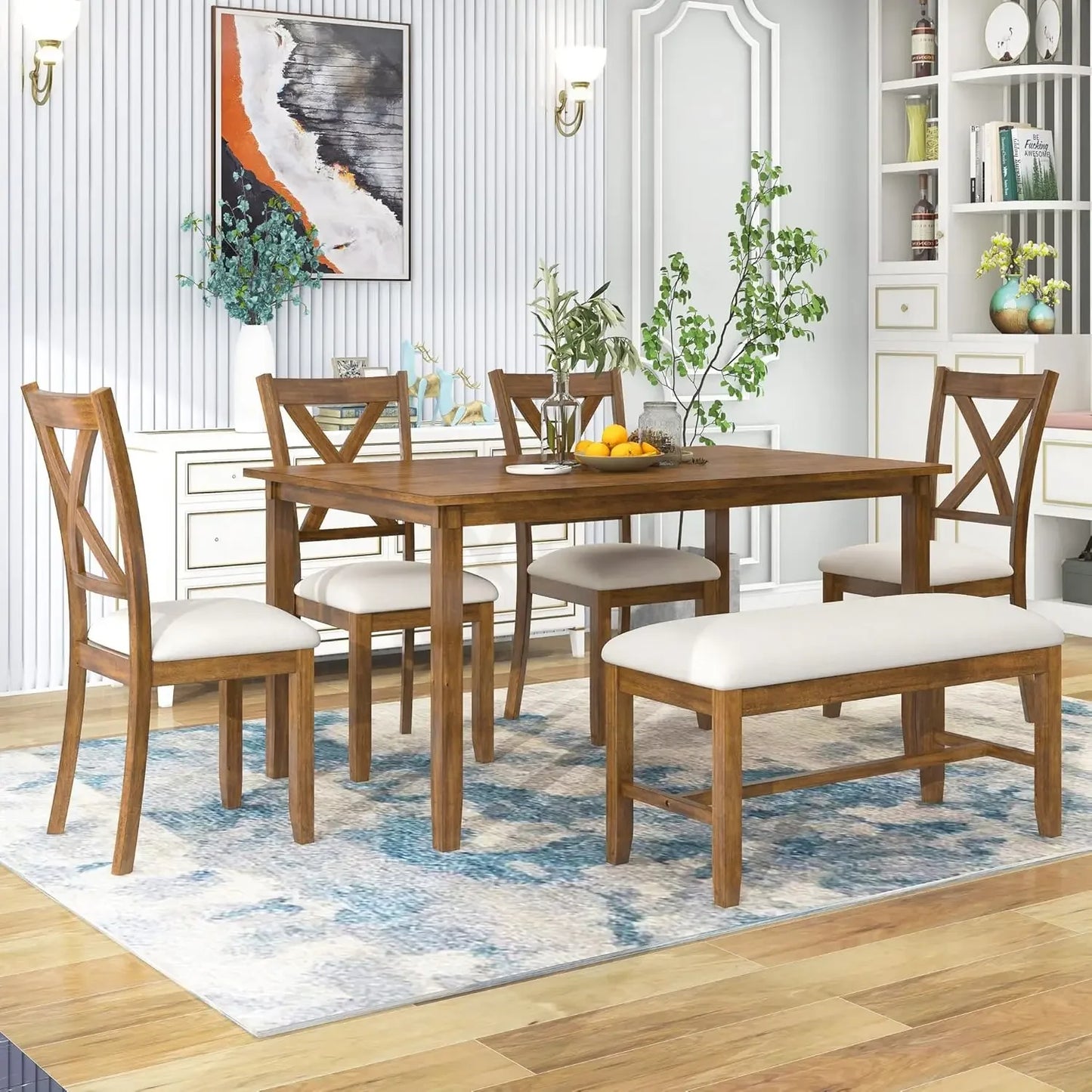 Solid Wood Dining Table Set for Six Bench and Chairs