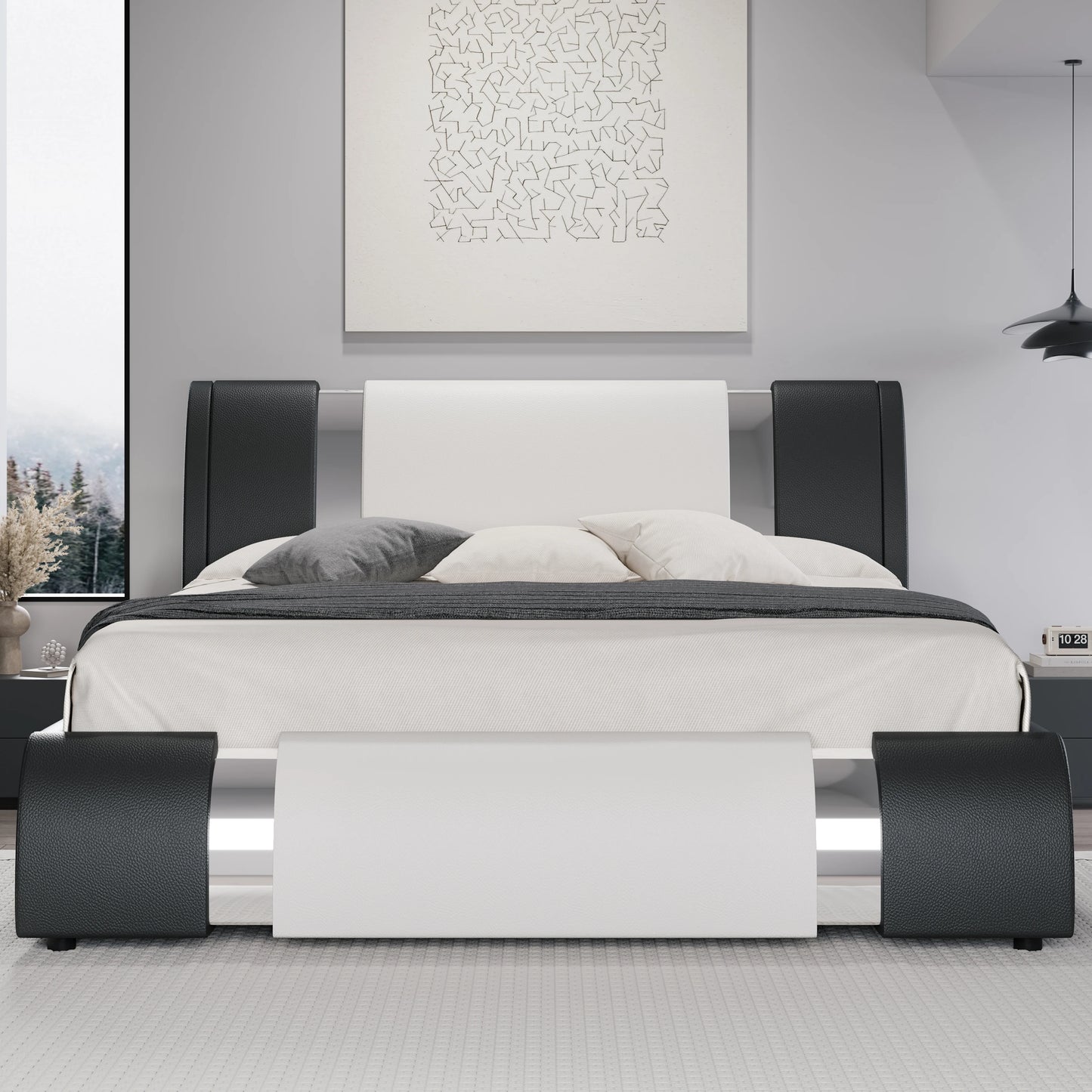 HOOMIC Modern Faux Leather Bed Frame With Iron Accents