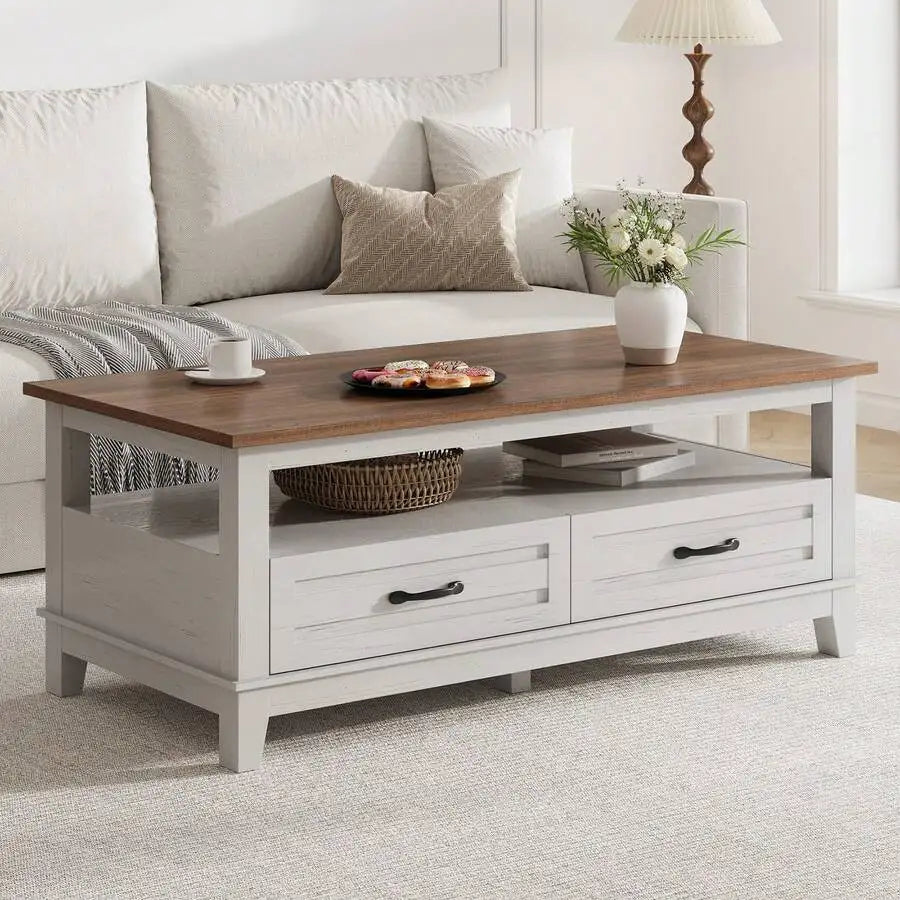 Meiyiu Farmhouse Coffee Table With Drawers, 47.2" Center Table Rustic Coffee Tables Living Room Table, With Open Shelf And 6