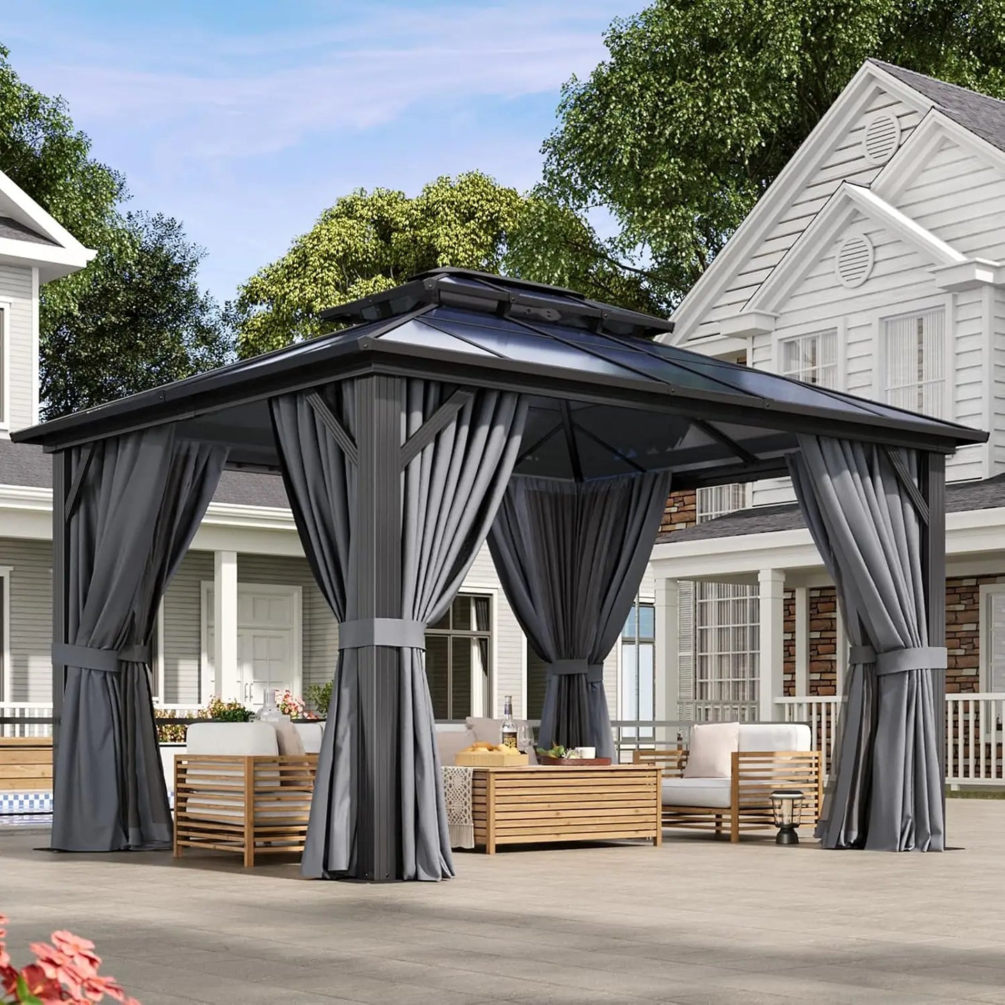 Aluminum Frame Gazebo With Polycarbonate Double Roof And Curtains Netting