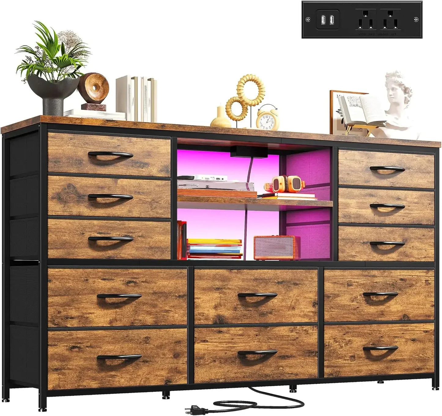 LED Light & Power Outlet Equipped 12-Drawer Dresser TV Stand for 60'' TV Bedroom Fabric Dressers Chest for Storage Customized