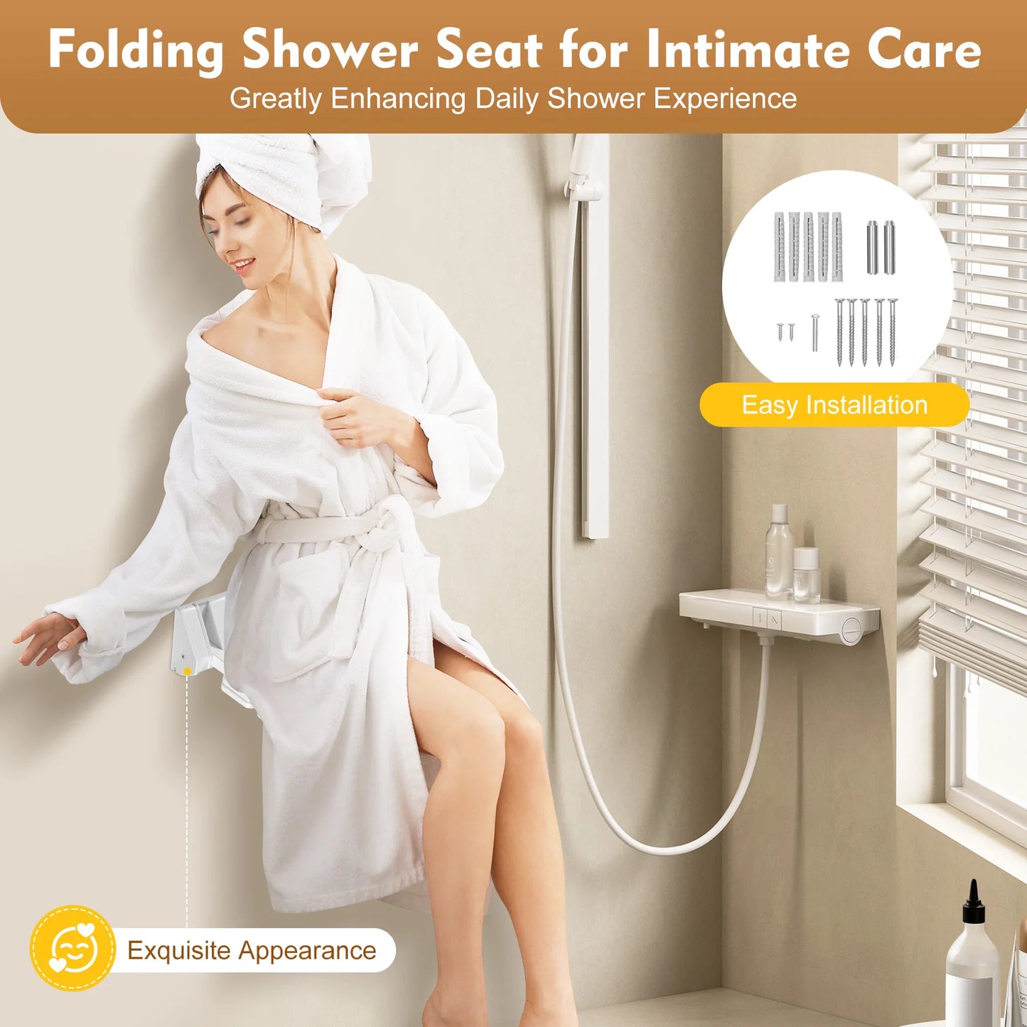 Wall Mounted Folding Shower Seat Non Slip White Bath Stool