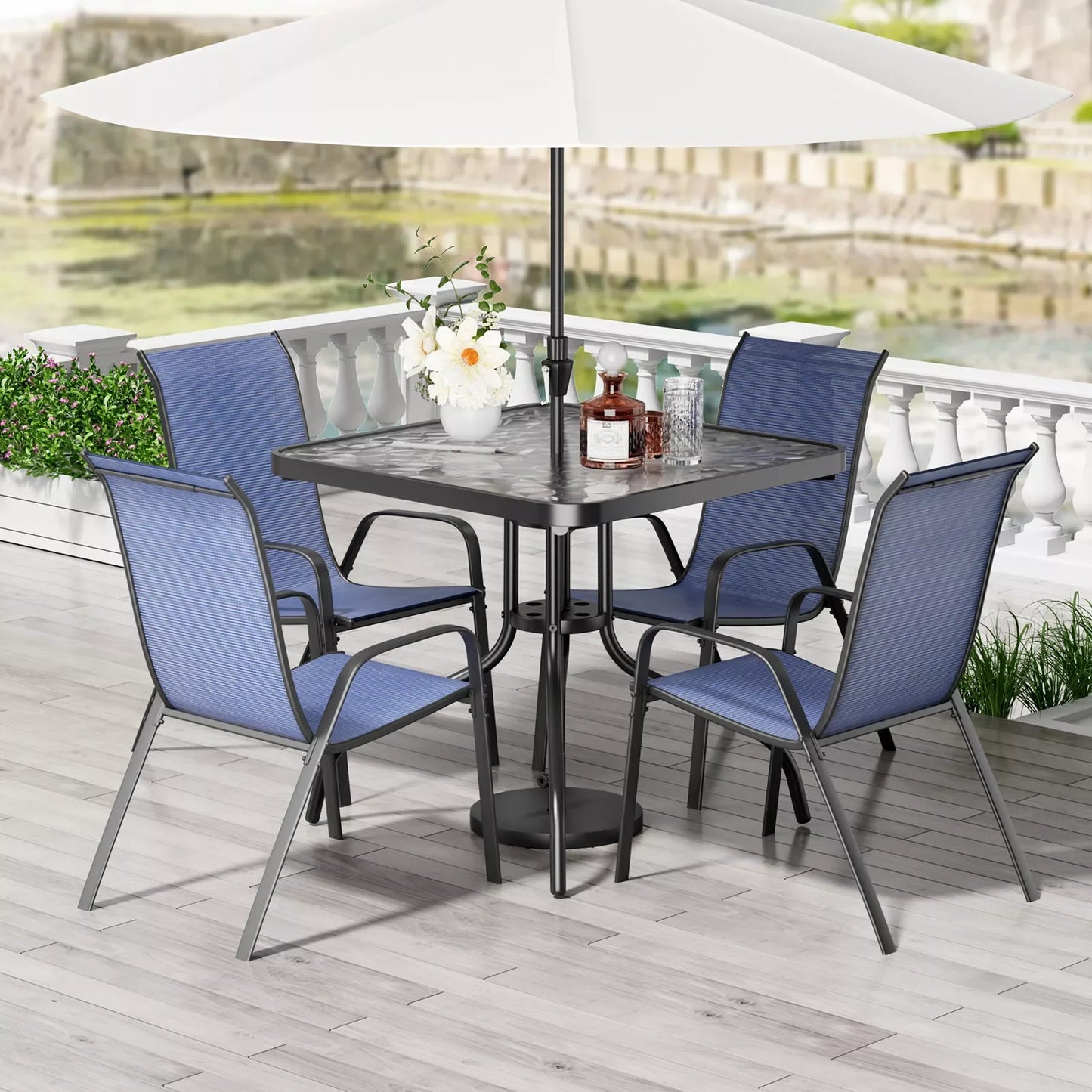 Patio Dining Set 5 Pieces All Weather Stackable Chairs