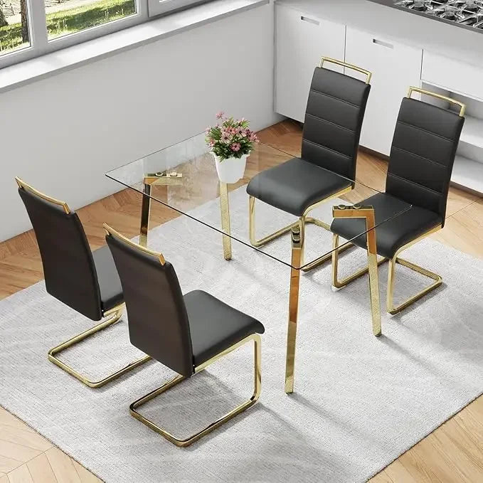 Dining Table Set For Four With Glass Top Faux Leather