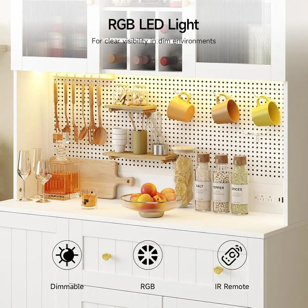 68 Kitchen Pantry Cabinet with Microwave Shelf, Door Storage, LED Lighting, and Wine Rack