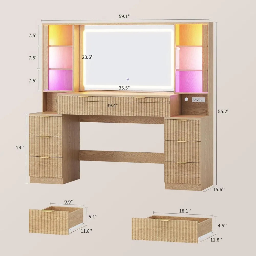 Fluted Wood Vanity Desk With Mirror LED Lights 8 Drawers