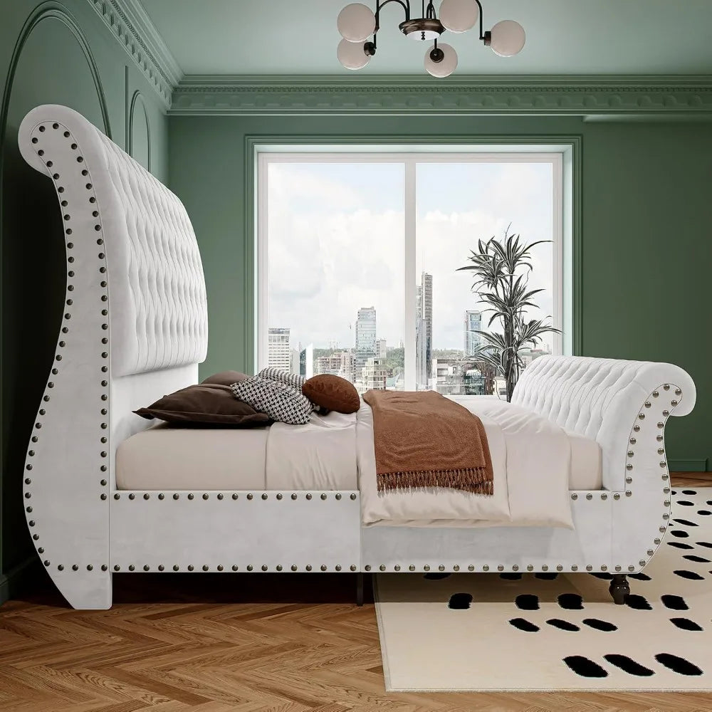 Velvet Upholstered Queen Bed Frame With Tufted Headboard And Footboard