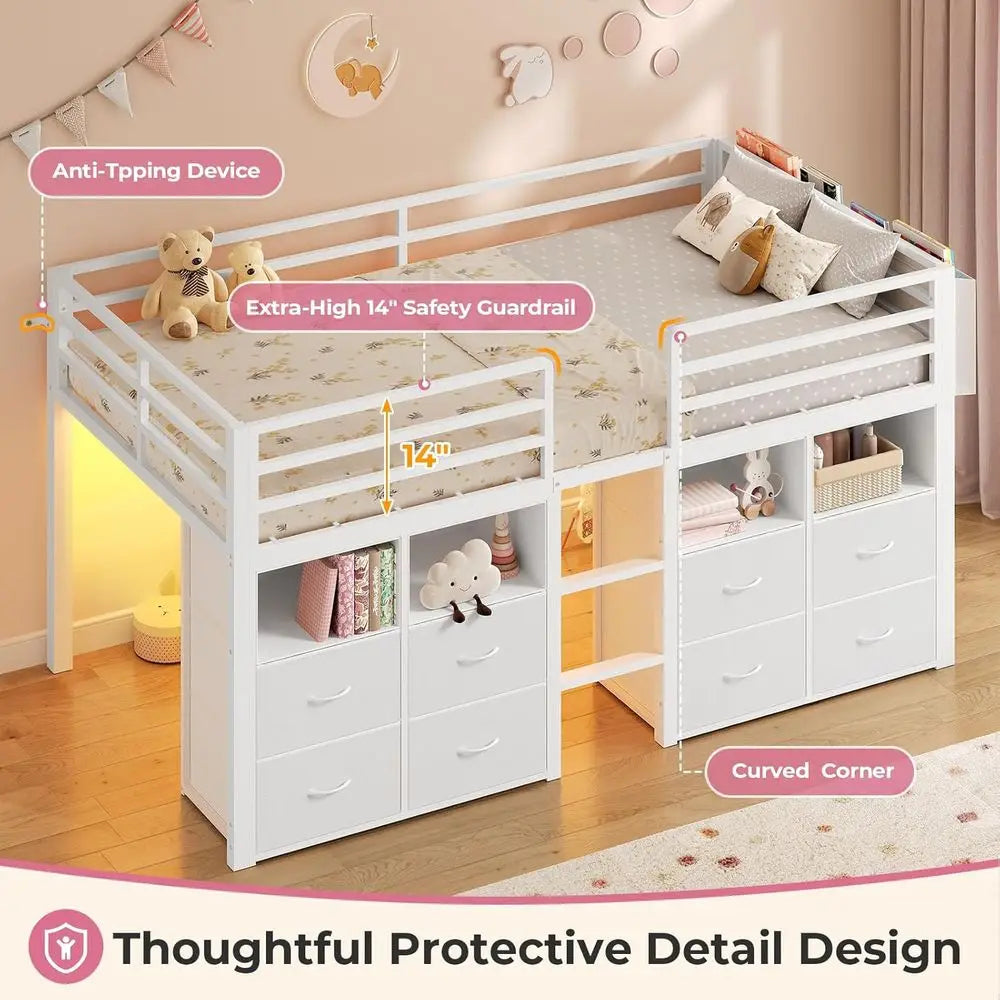 Storage Bed With 8 Drawers, Bookcase, LED Lights, Safety Rail