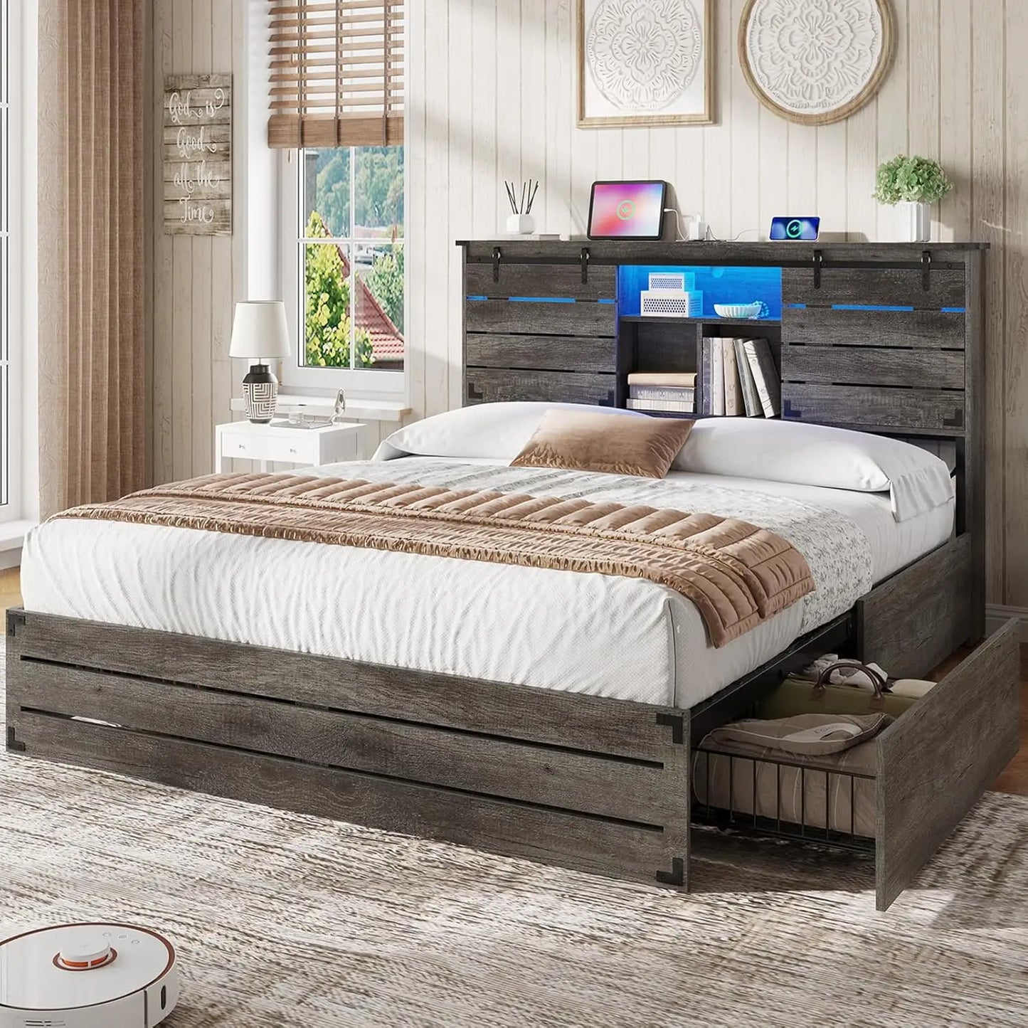 Wooden Bed Frame With Sliding Barn Doors And Charging Station