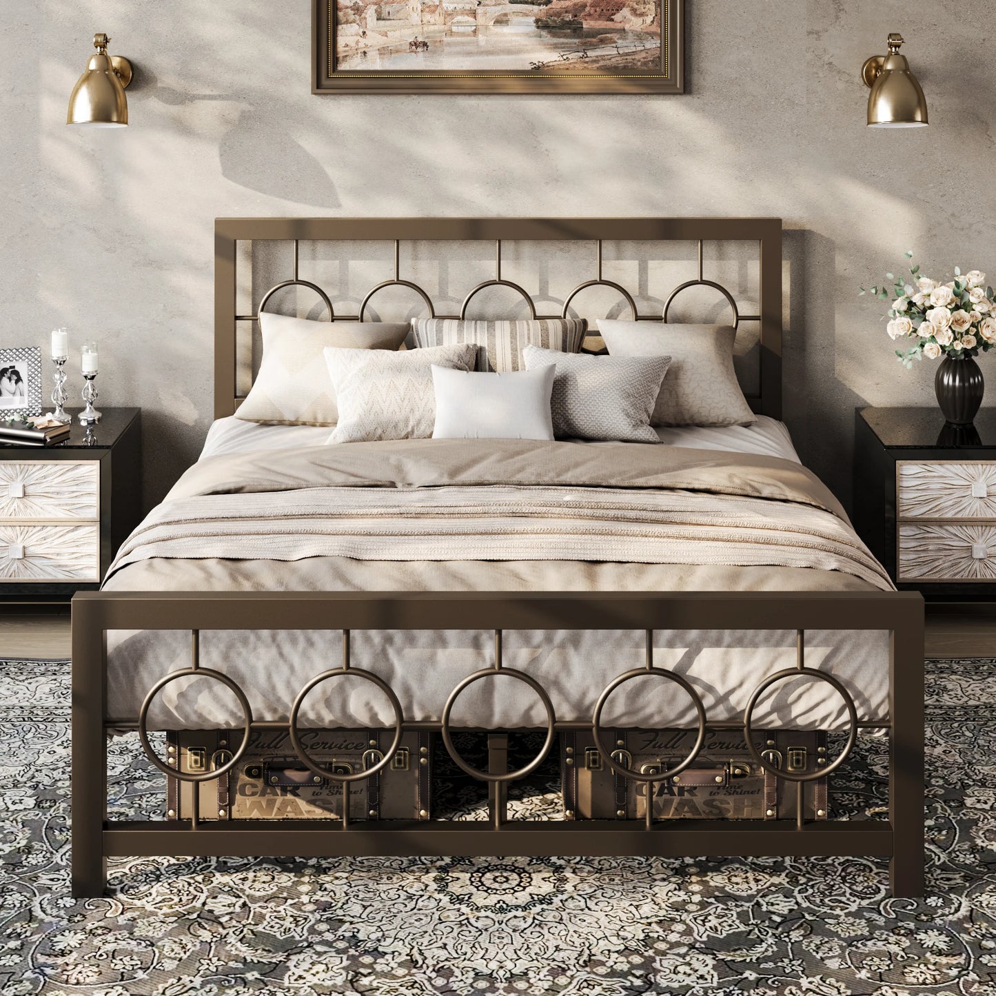 HOOMIC Vintage Circular Headboard Metal Platform Bed Frame
