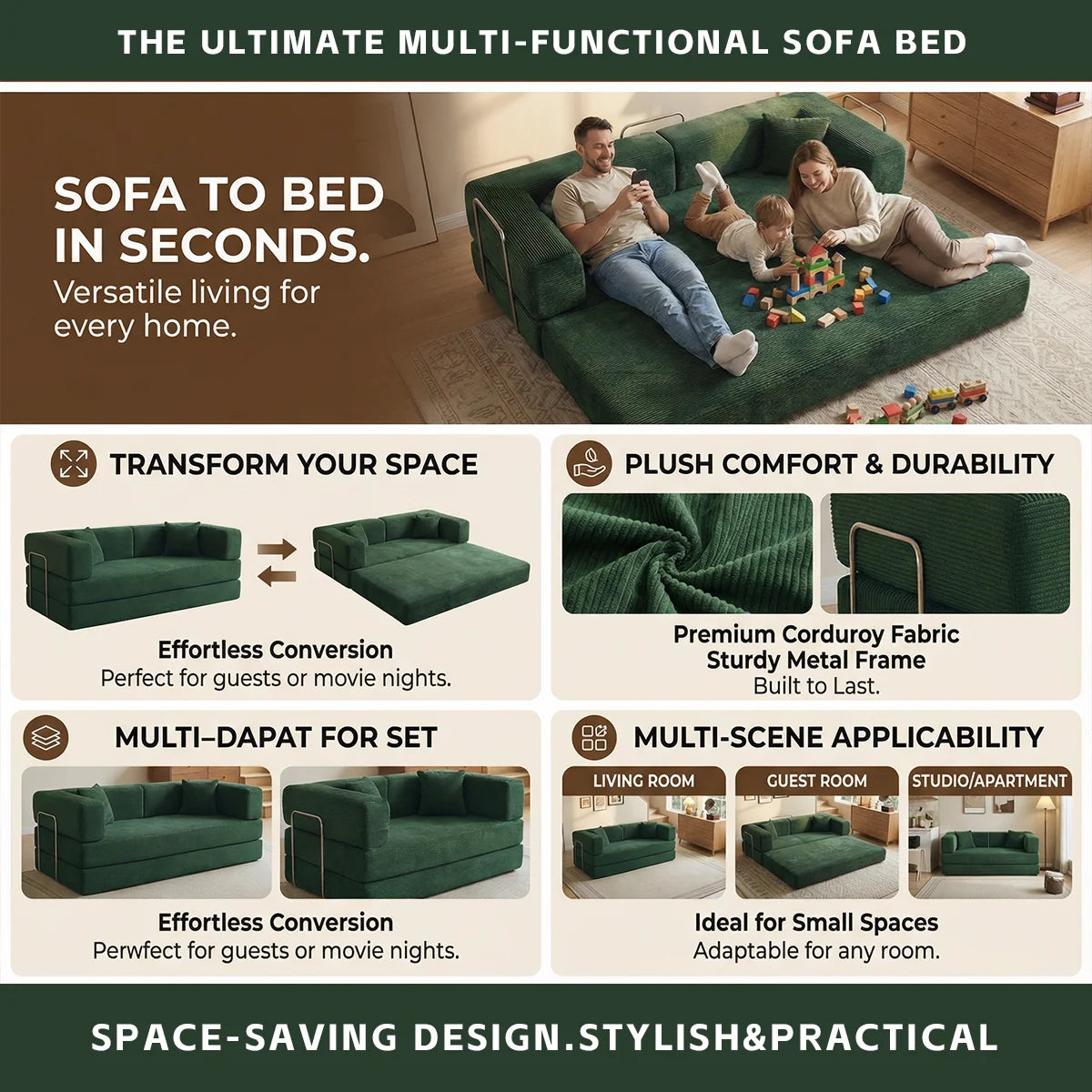 YQzyphyna Futon Sofa Bed 4In1 Convertible Loveseat