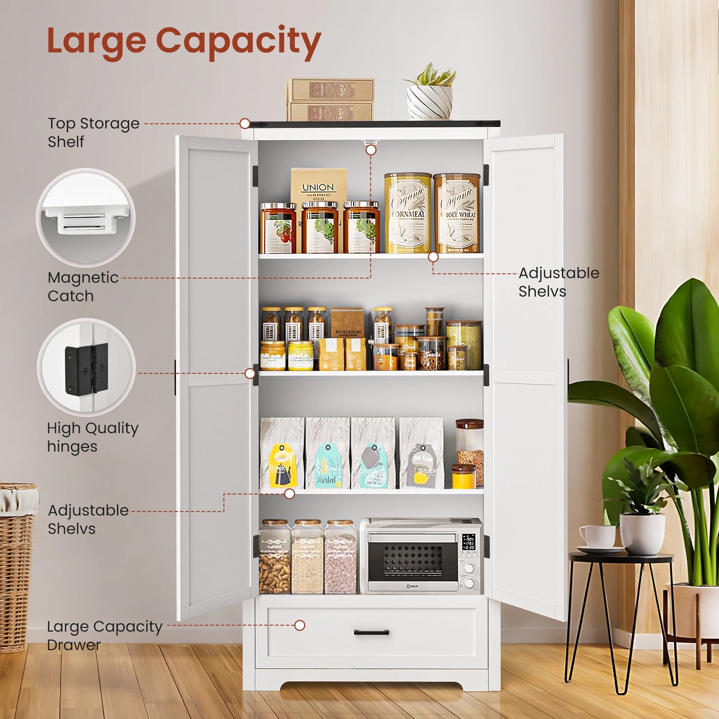 71" Tall Kitchen Pantry Cabinet,Farmhouse Kitchen Pantry,Large Wooden Storage Cabinet with Drawers & Shelves,Wood Kitchen Storag