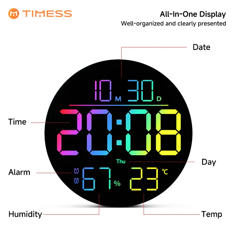 TIMESS RGB LED Digital Wall Clock With Remote Control