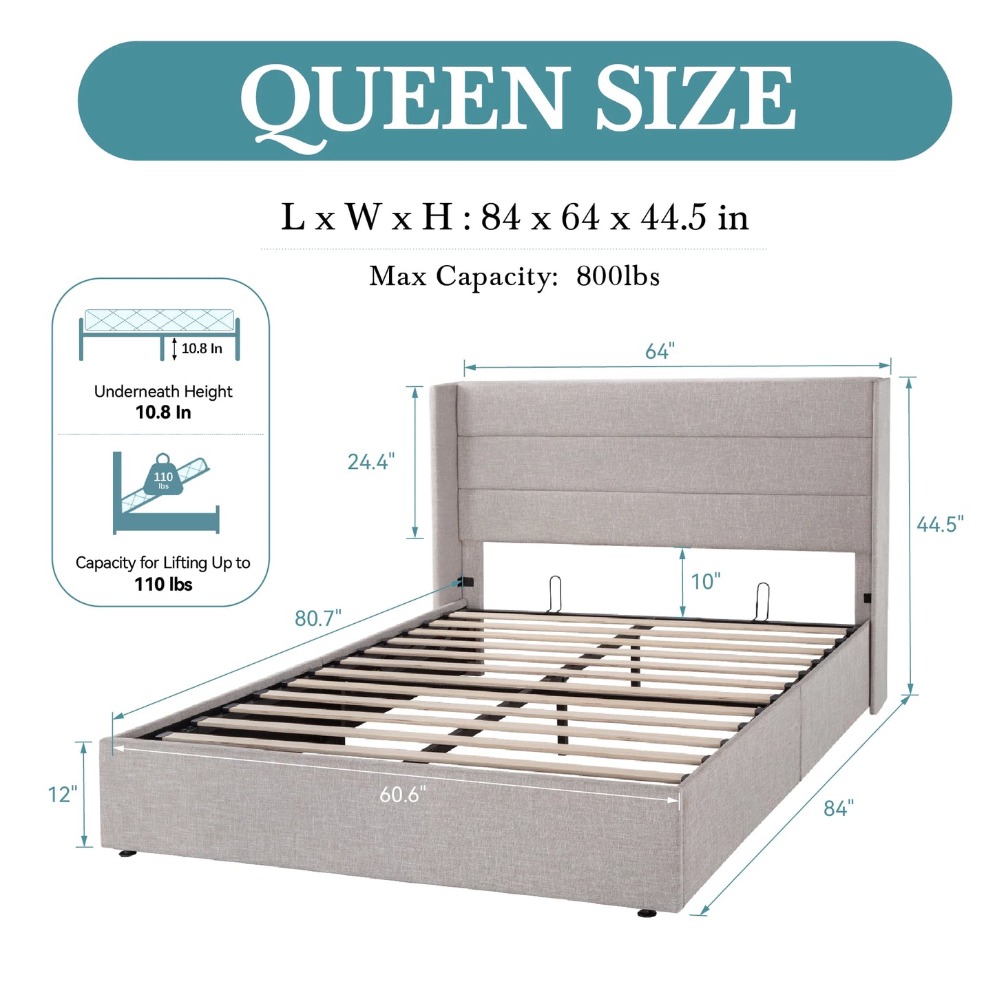 Allewie Lift Up Storage Bed With Wingback Headboard And Hydraulic System