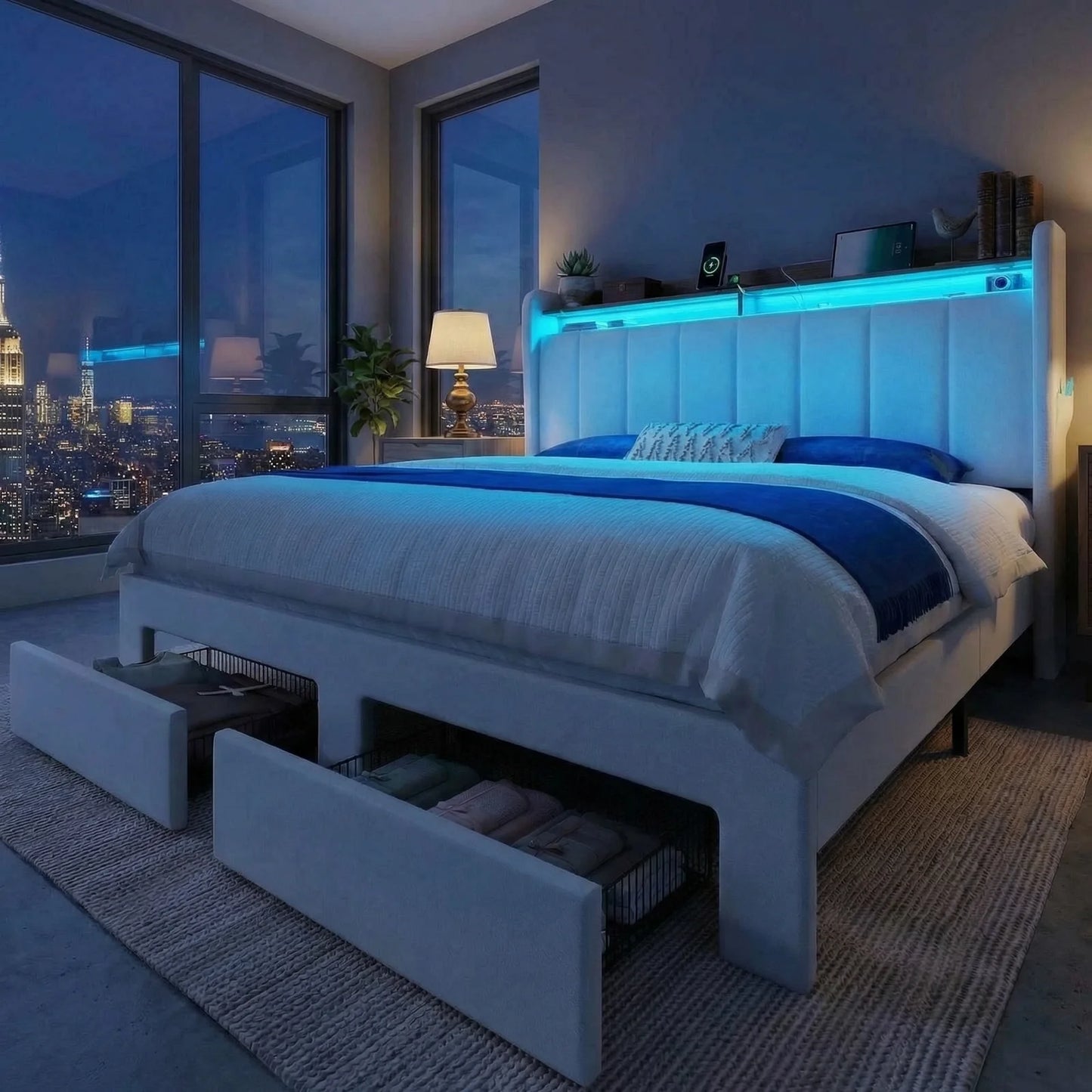 HOOMIC Bed Frame With LED Lights 2 Storage Drawers Shelves No Box Spring Needed