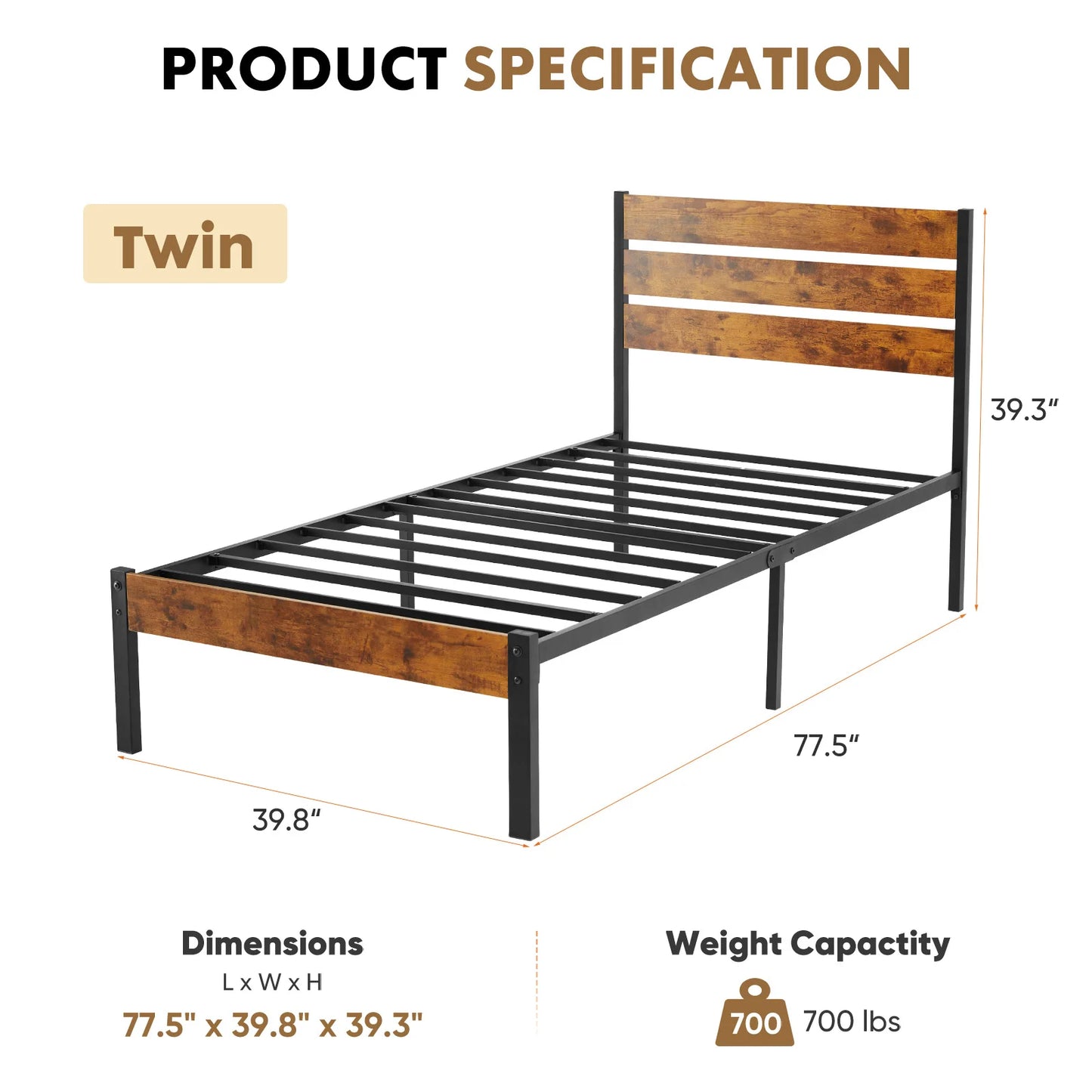 JHK Metal Platform Bed Frame With Headboard And Footboard Sturdy Slats