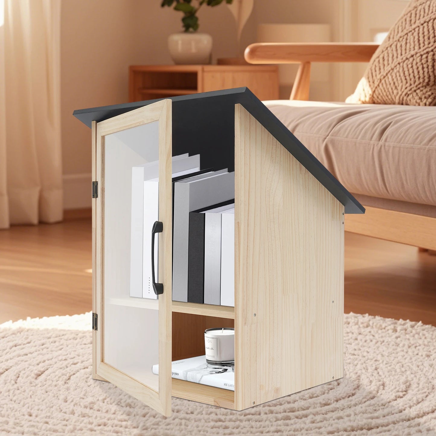 DIY Pine & Acrylic Display Bookcase, Modern 2-Tier Cabinet with Door for Books & Crafts, 16x23 Inch for Living Room School