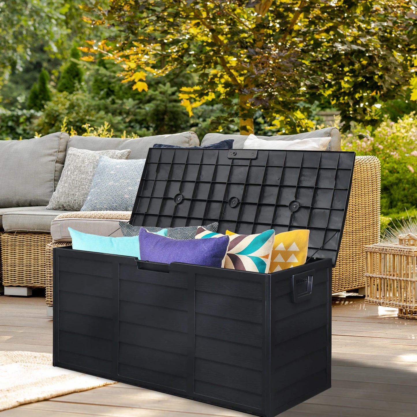 Outdoor Garden Storage Box with Wheels and Lockable Seat
