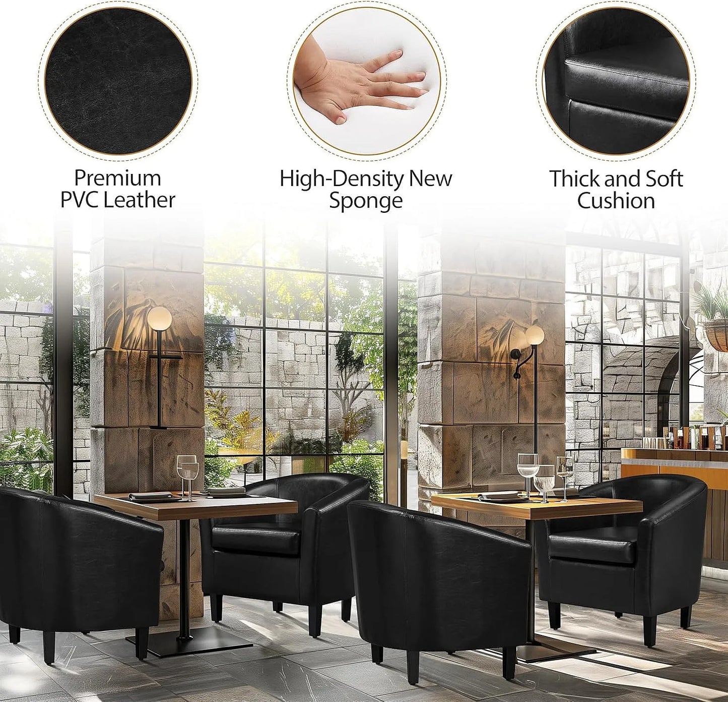 Barrel Chairs Set of 2 Faux Leather Club Armchairs PU Accent Chairs with Padded Seat for Living Room Black