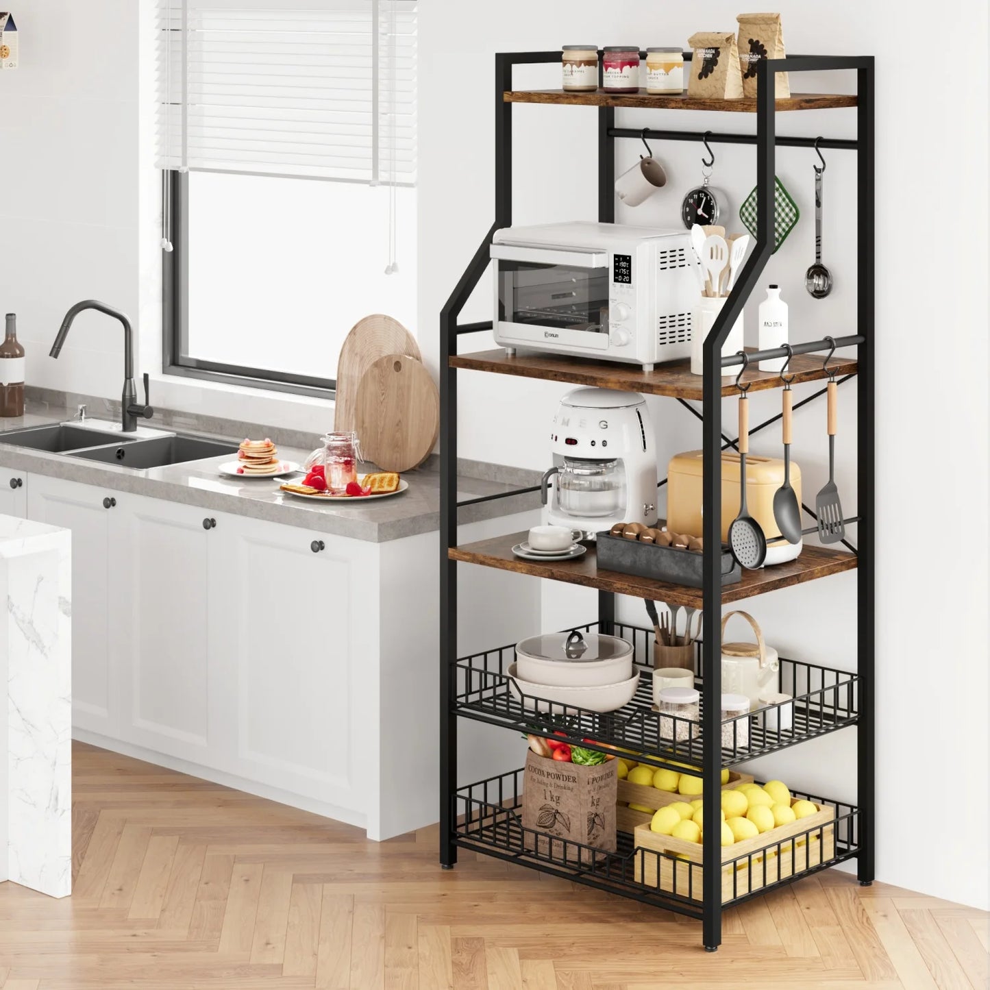 HiMISS Kitchen Bakers Rack Microwave Stand With Wire Baskets