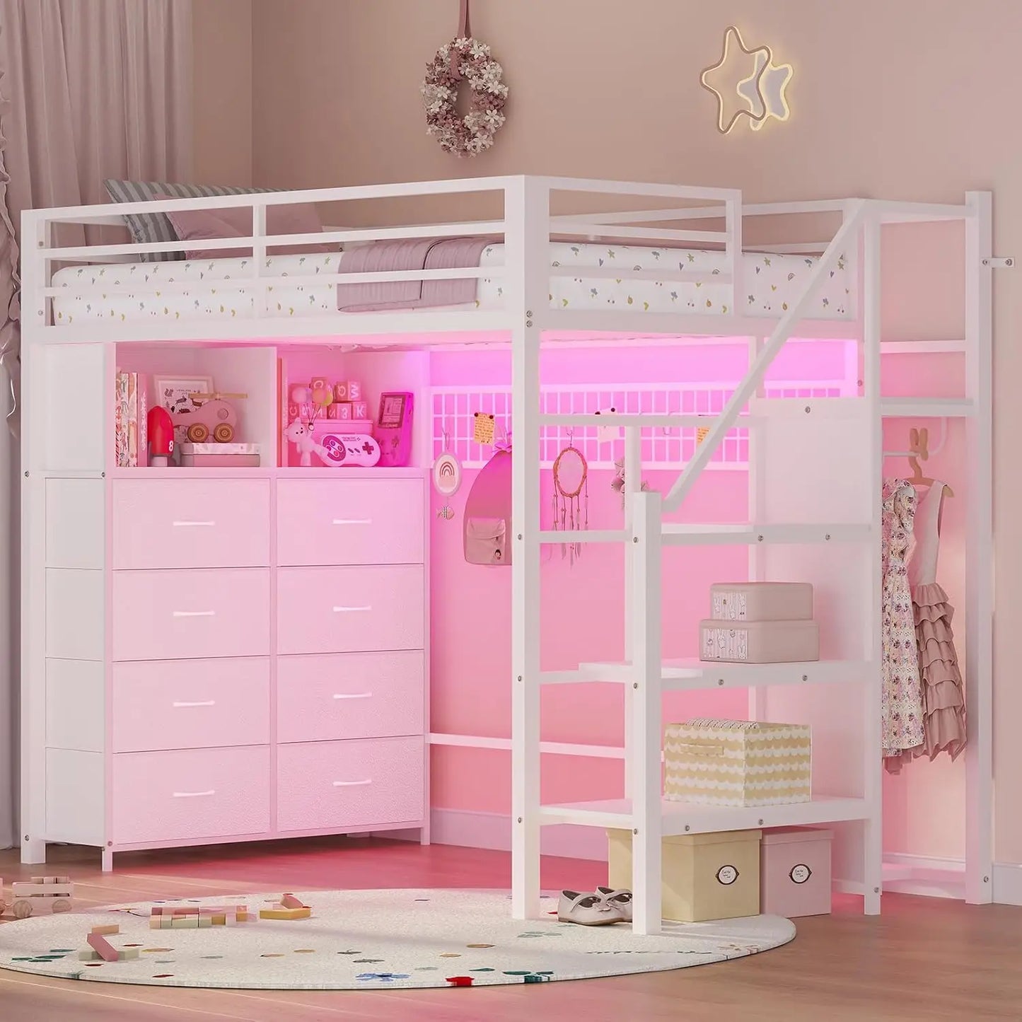 Metal Loft Bed With Storage Stairs LED Lights And Shelves