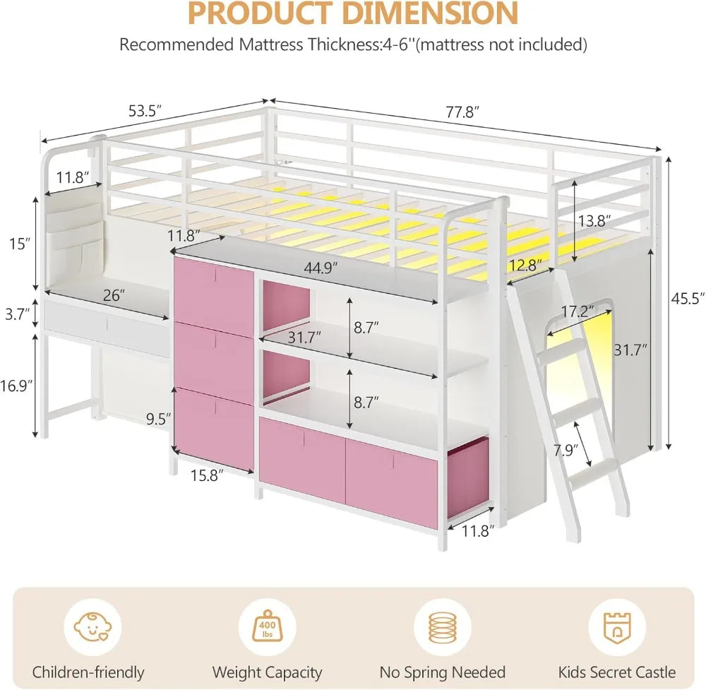 Kids Low Loft Bed With Desk Led Lights Storage Drawers